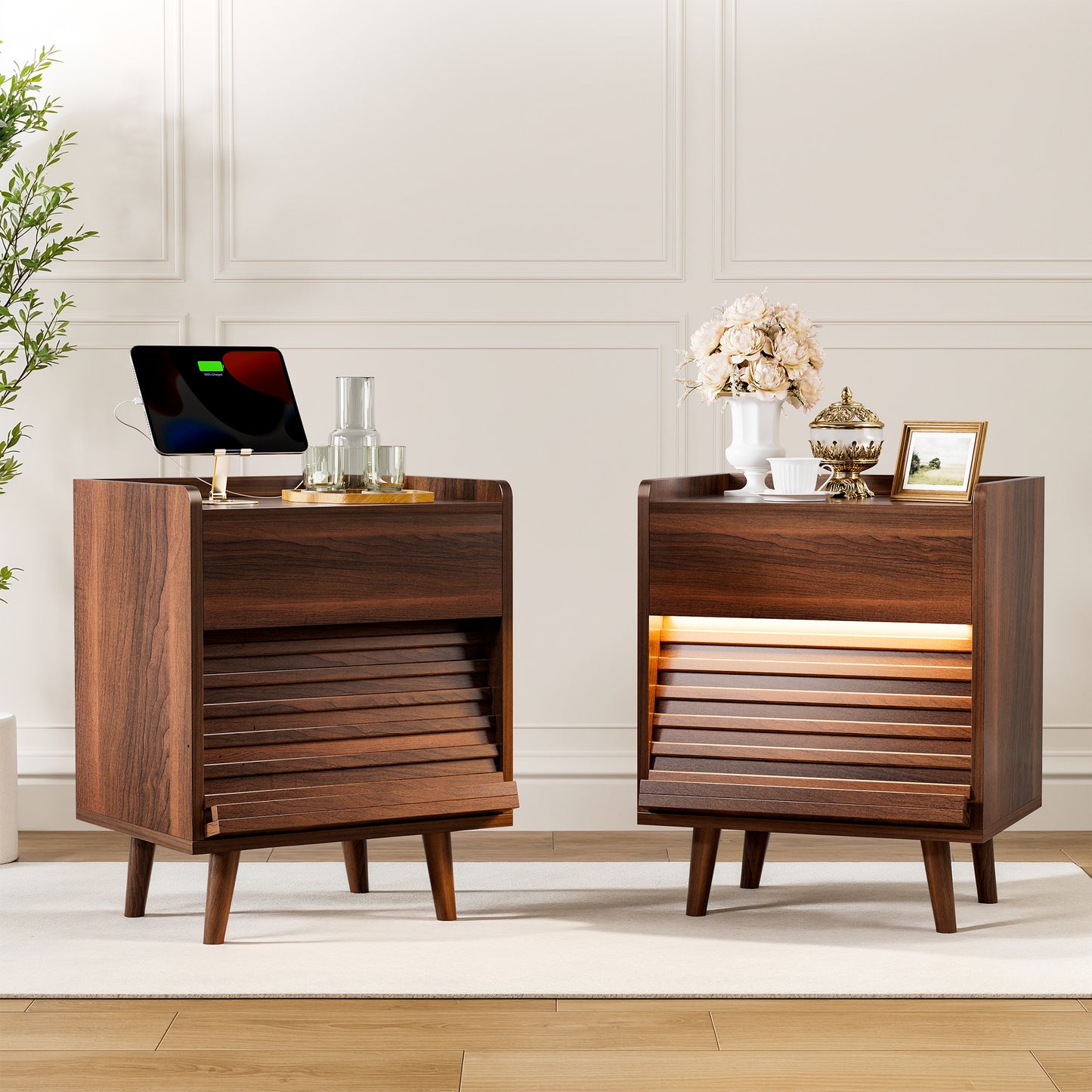 WOWLIVE Wooden Nightstand with 2 Drawers, Modern Bedside Table with Outlets & LED Lights, File Cabinet