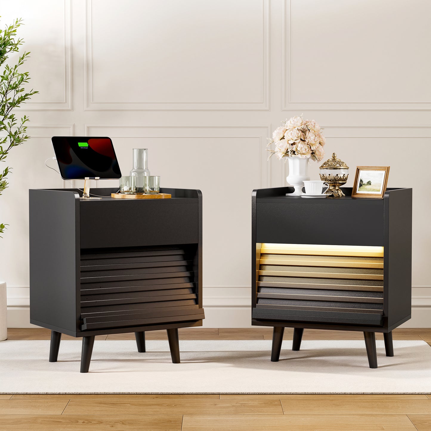 WOWLIVE Wooden Nightstand with 2 Drawers, Modern Bedside Table with Outlets & LED Lights, File Cabinet