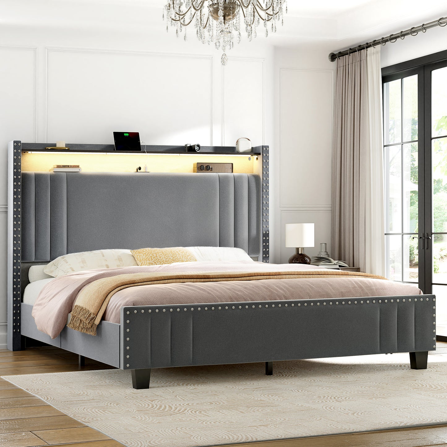 WOWLIVE Upholstered Wingback Bed with 52.12" High Storage Headboard, Modern Upholstered Bed Frame with Outlet & LED Light