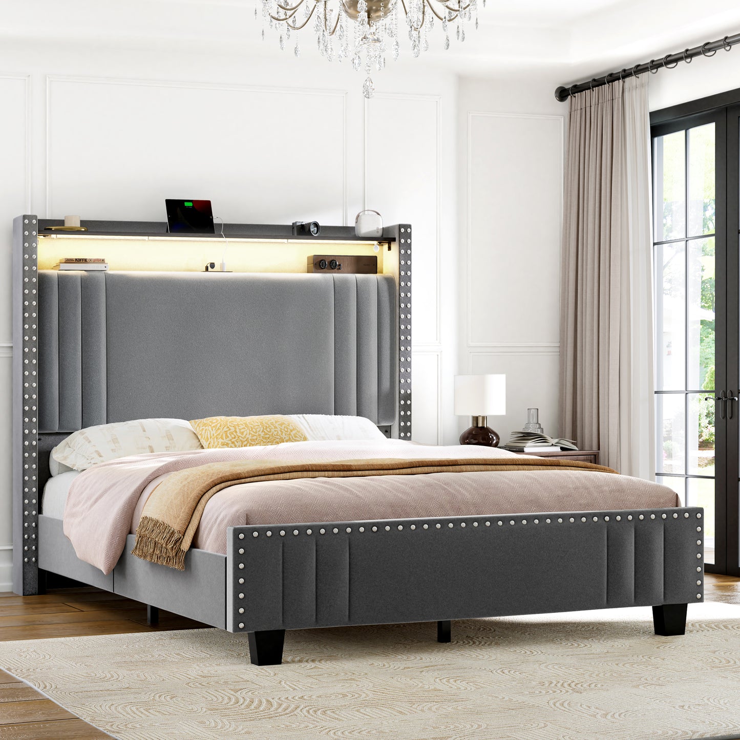WOWLIVE Upholstered Wingback Bed with 52.12" High Storage Headboard, Modern Upholstered Bed Frame with Outlet & LED Light