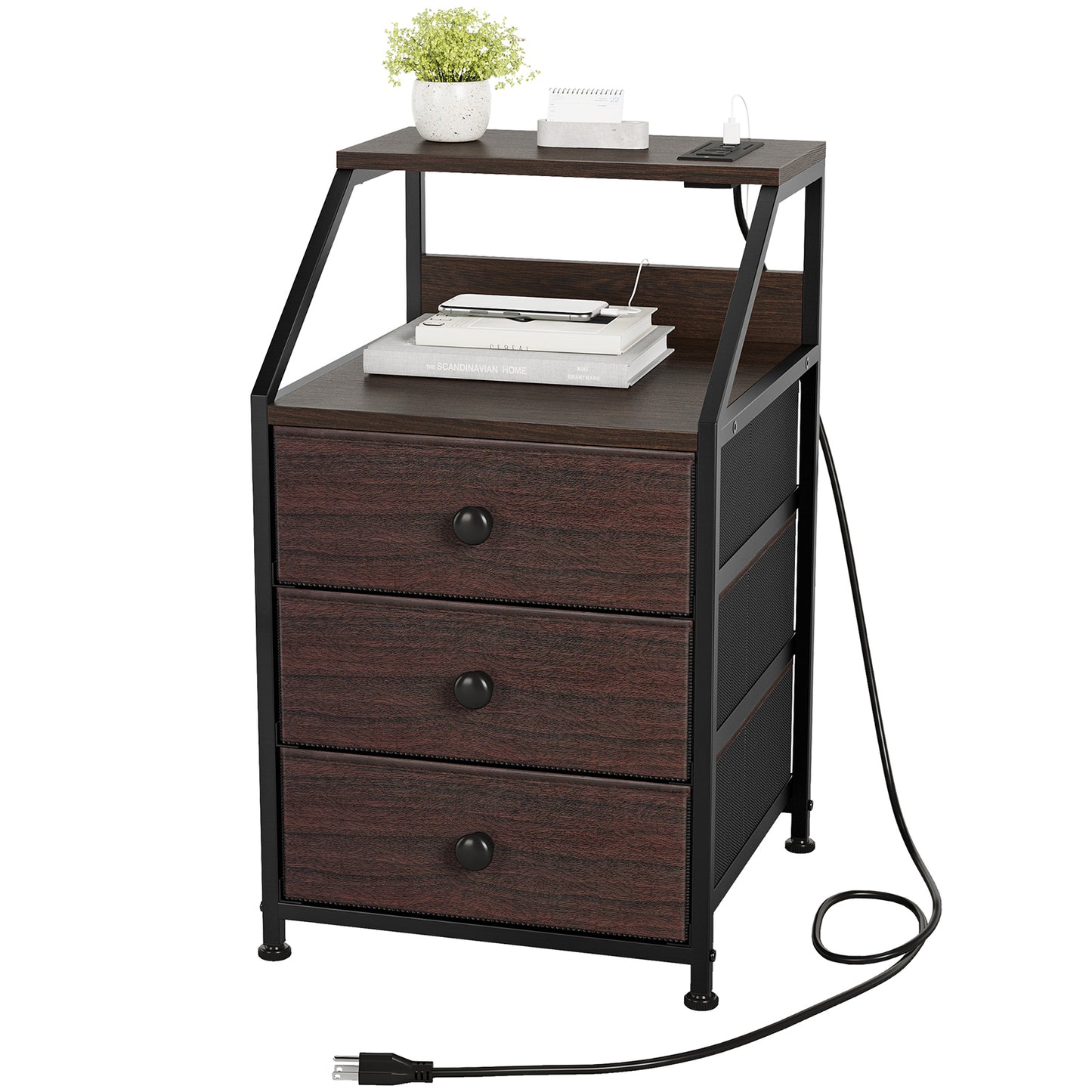 WOWLIVE Nightstands with 3 Drawers & Outlets, Bedside Tables with 2 USB Ports & 2-Tier Open Shelf