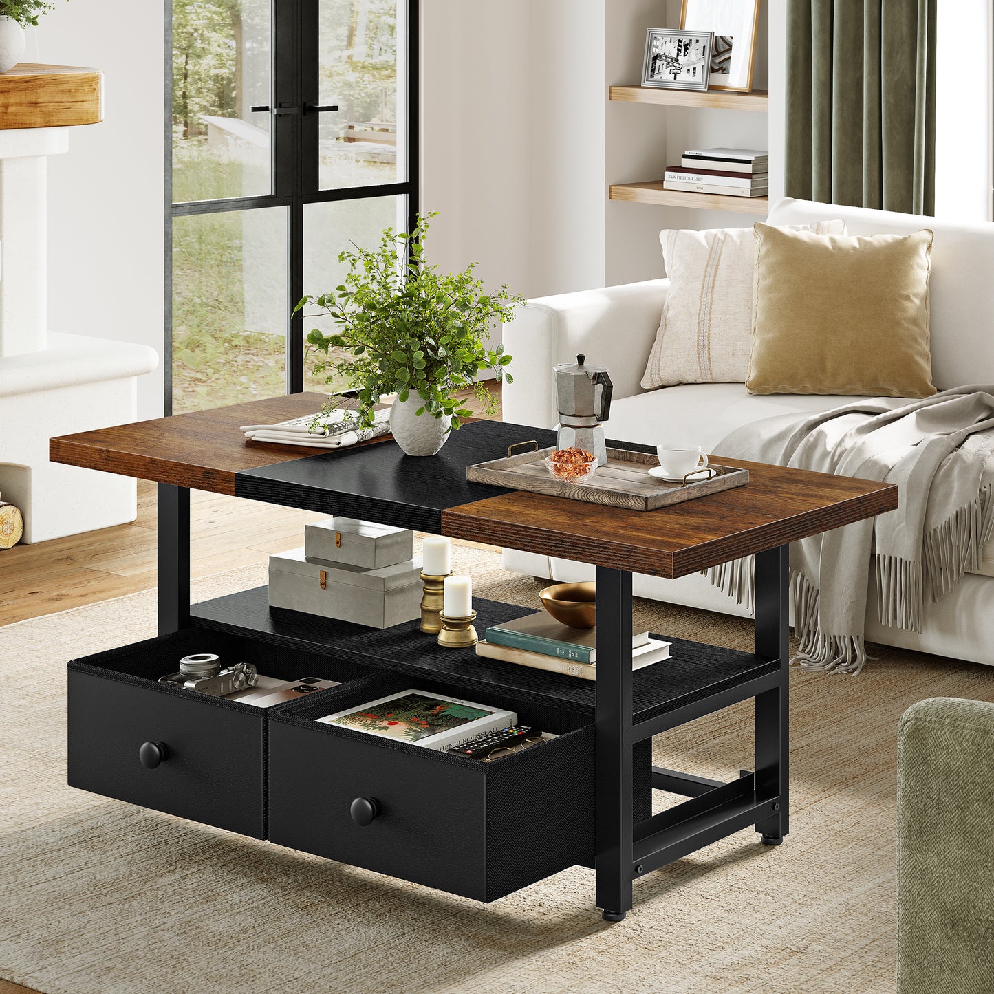 WOWLIVE Farmhouse Wood Coffee Table, Small Cocktail Table with 2 Drawers