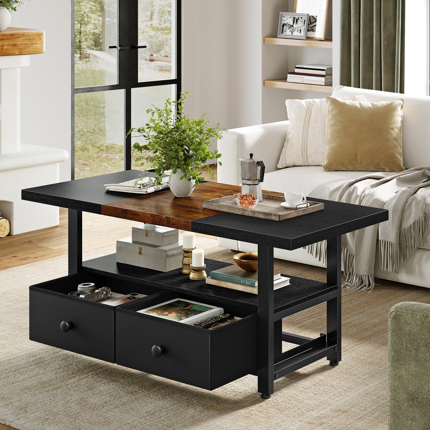WOWLIVE Farmhouse Wood Coffee Table, Small Cocktail Table with 2 Drawers