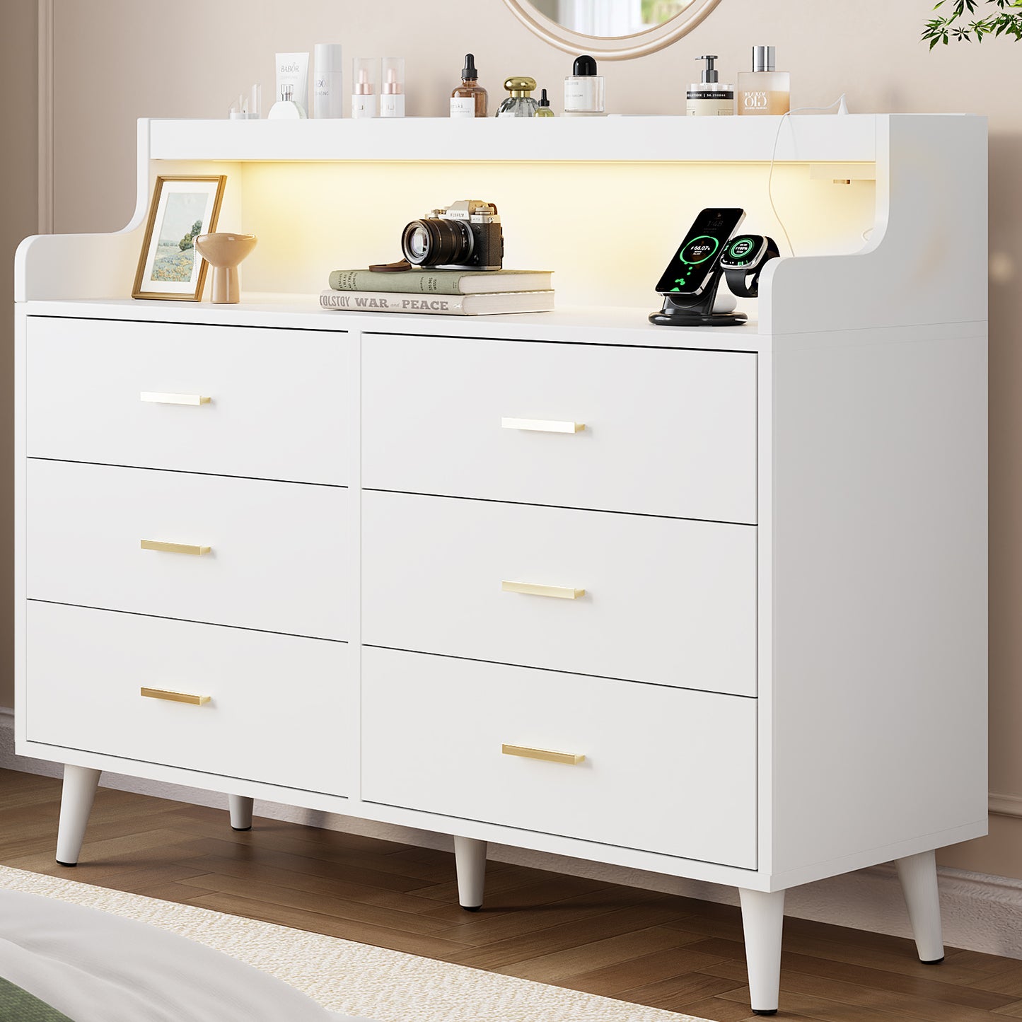 WOWLIVE 6 Drawer Dresser with 2-Tier Open Shelf, Wooden Dresser with Power Outlet & LED Lights, Chest of Drawers Dresser for Bedroom