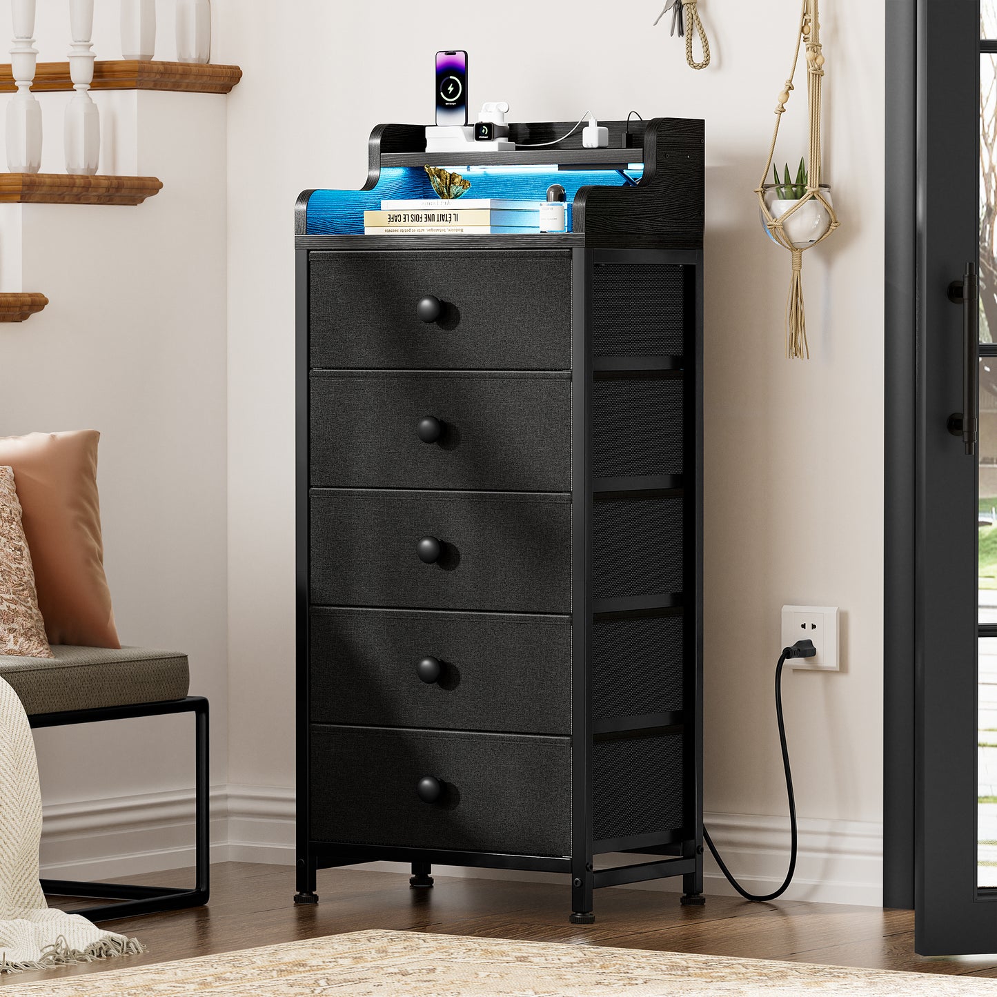 WOWLIVE 5 - Drawer Dresser With 2-Tier Open Shelf, Dresser With Power Outlet & LED, 40.2"H Dresser For Bedroom
