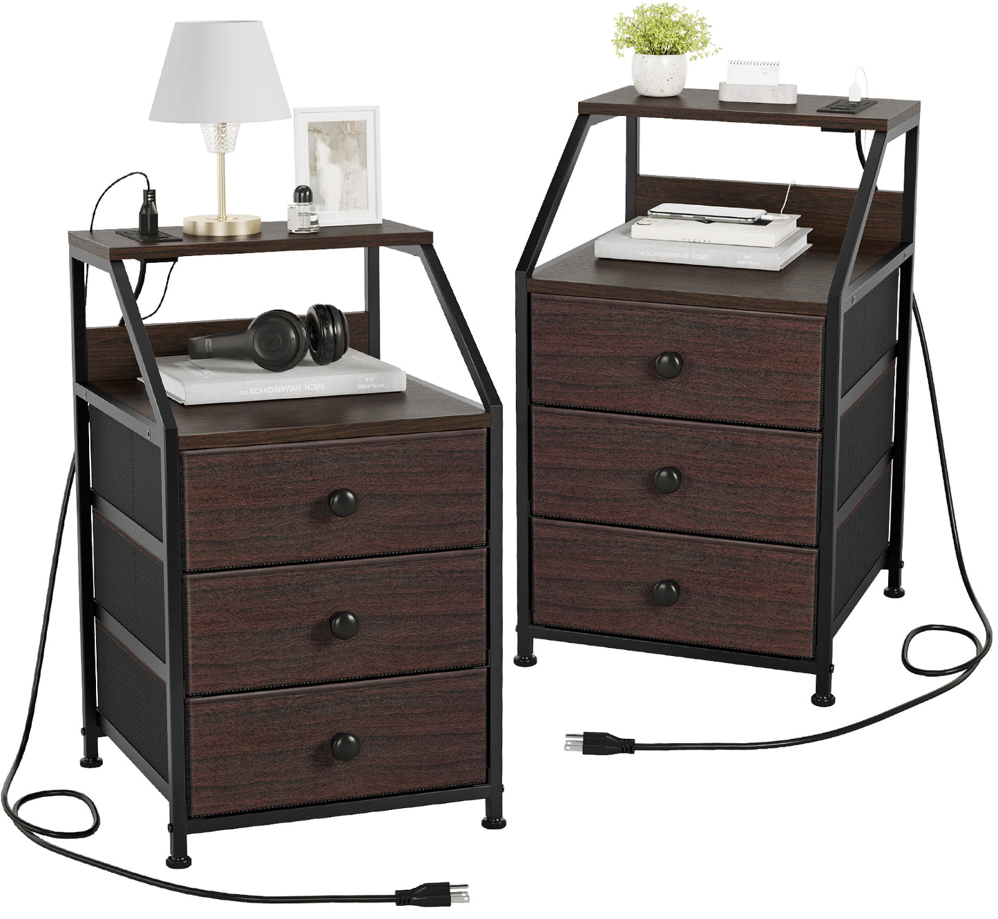 WOWLIVE Nightstands with 3 Drawers & Outlets, Bedside Tables with 2 USB Ports & 2-Tier Open Shelf