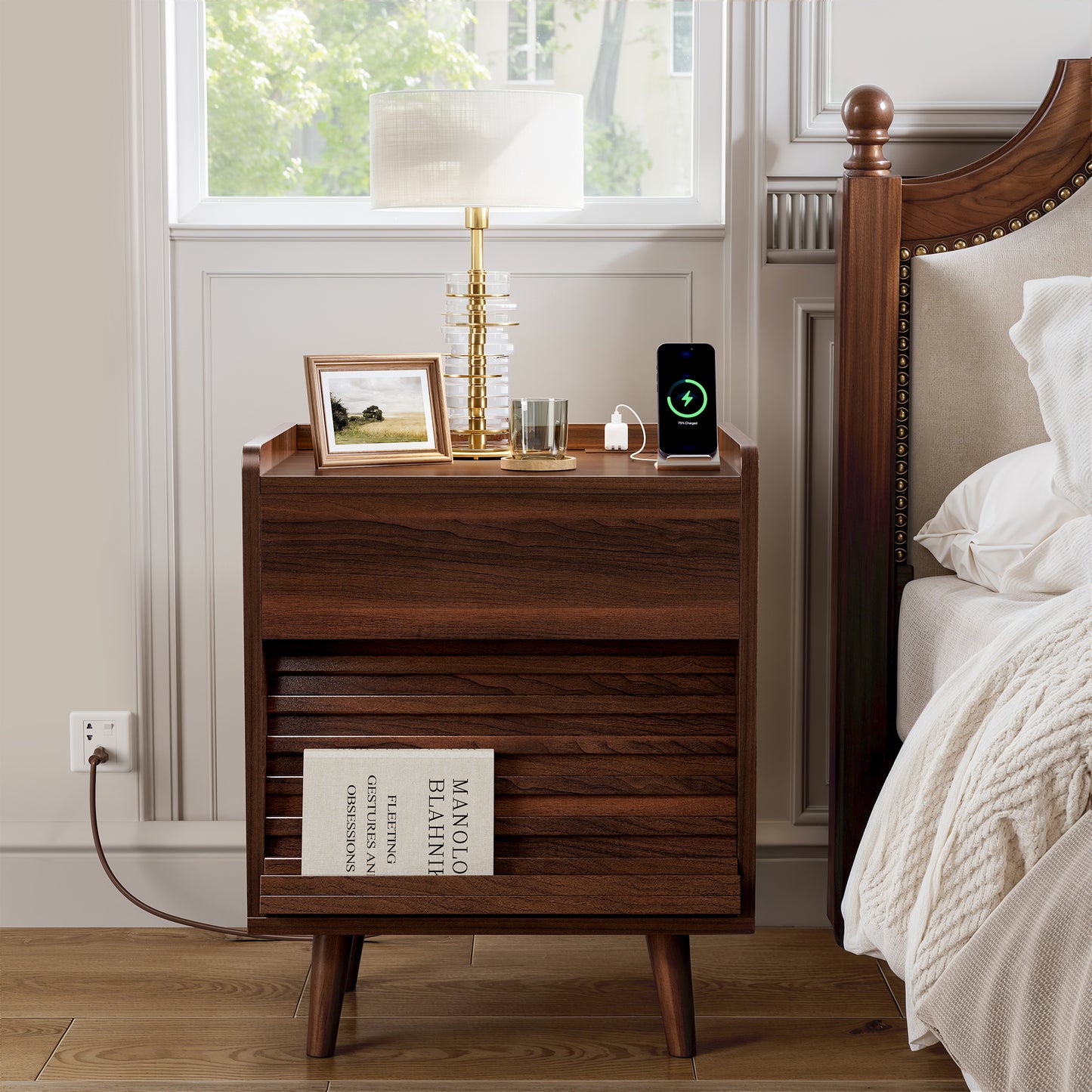 WOWLIVE Wooden Nightstand with 2 Drawers, Modern Bedside Table with Outlets & LED Lights, File Cabinet