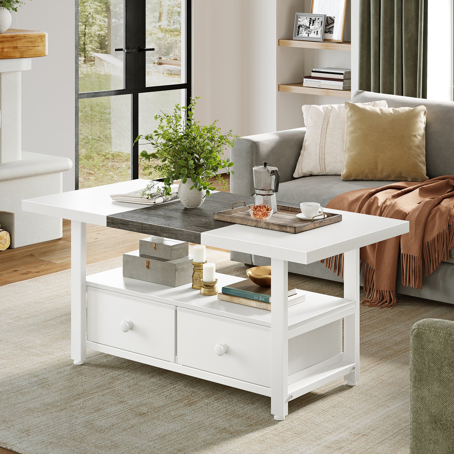 WOWLIVE Farmhouse Wood Coffee Table, Small Cocktail Table with 2 Drawers