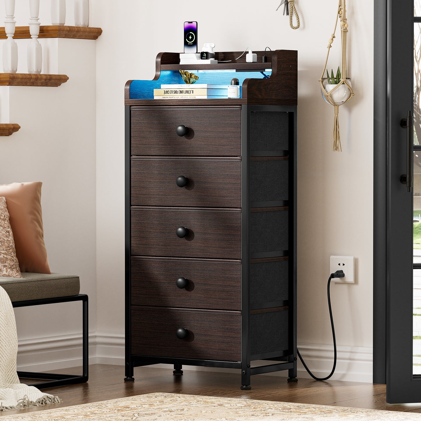 WOWLIVE 5 - Drawer Dresser With 2-Tier Open Shelf, Dresser With Power Outlet & LED, 40.2"H Dresser For Bedroom