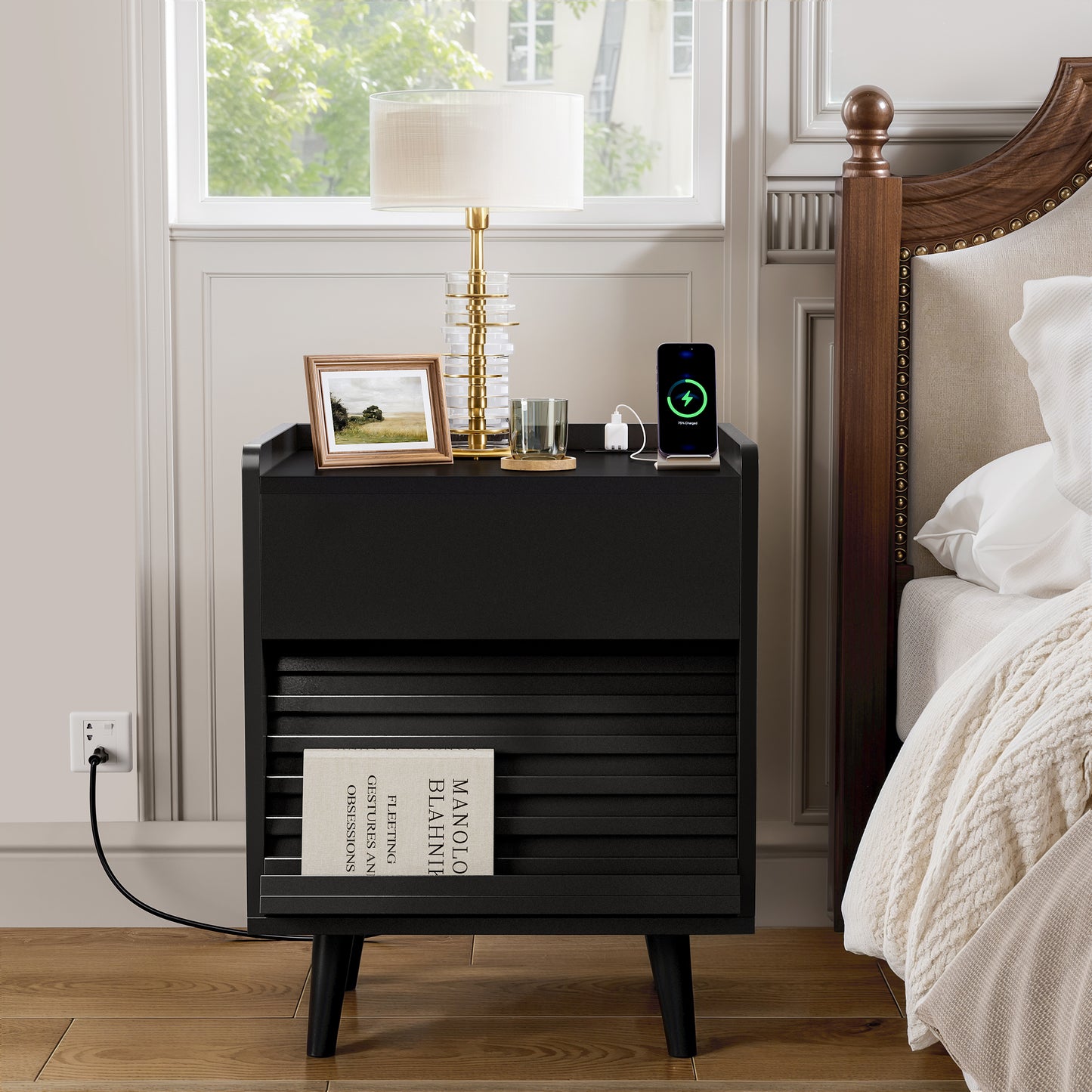 WOWLIVE Wooden Nightstand with 2 Drawers, Modern Bedside Table with Outlets & LED Lights, File Cabinet
