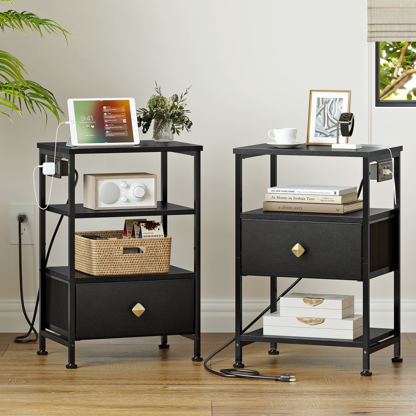 WOWLIVE 23.5in Nightstand with Drawer & Outlets, Modern Bedside Table