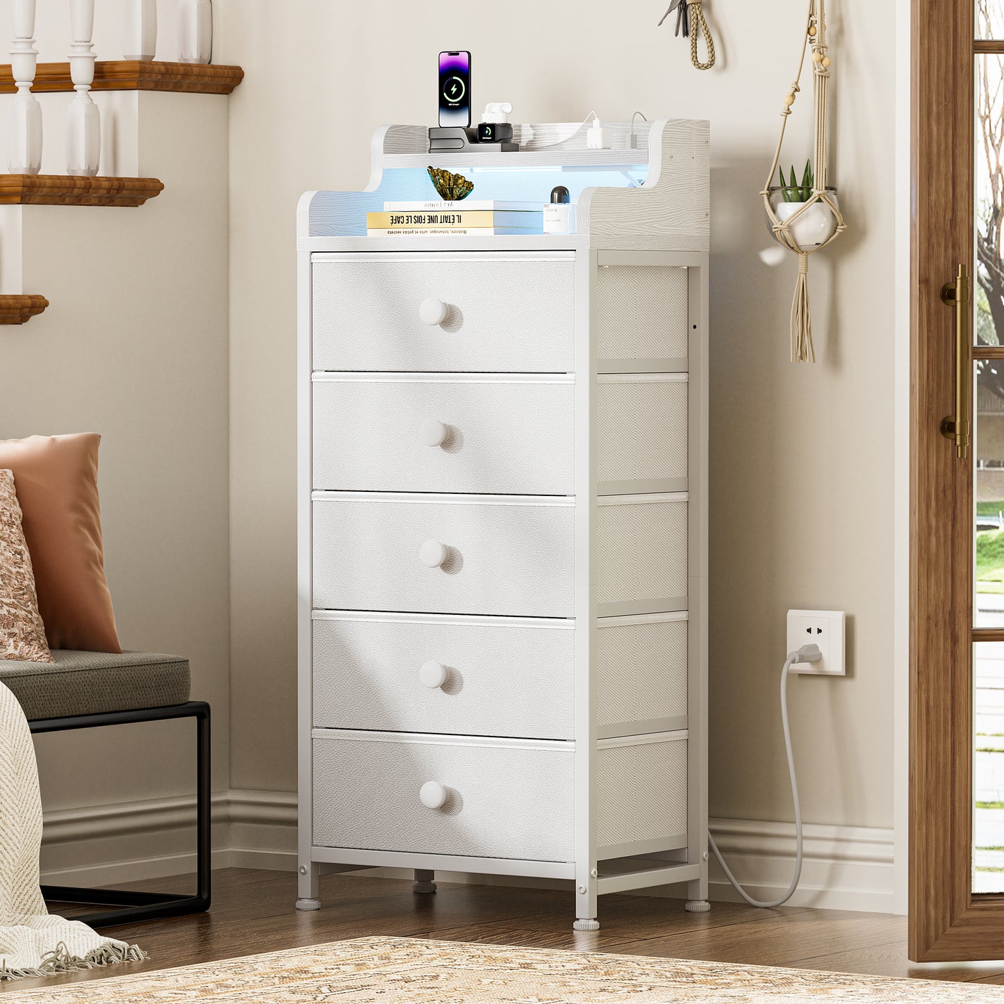 WOWLIVE 5 - Drawer Dresser With 2-Tier Open Shelf, Dresser With Power Outlet & LED, 40.2"H Dresser For Bedroom