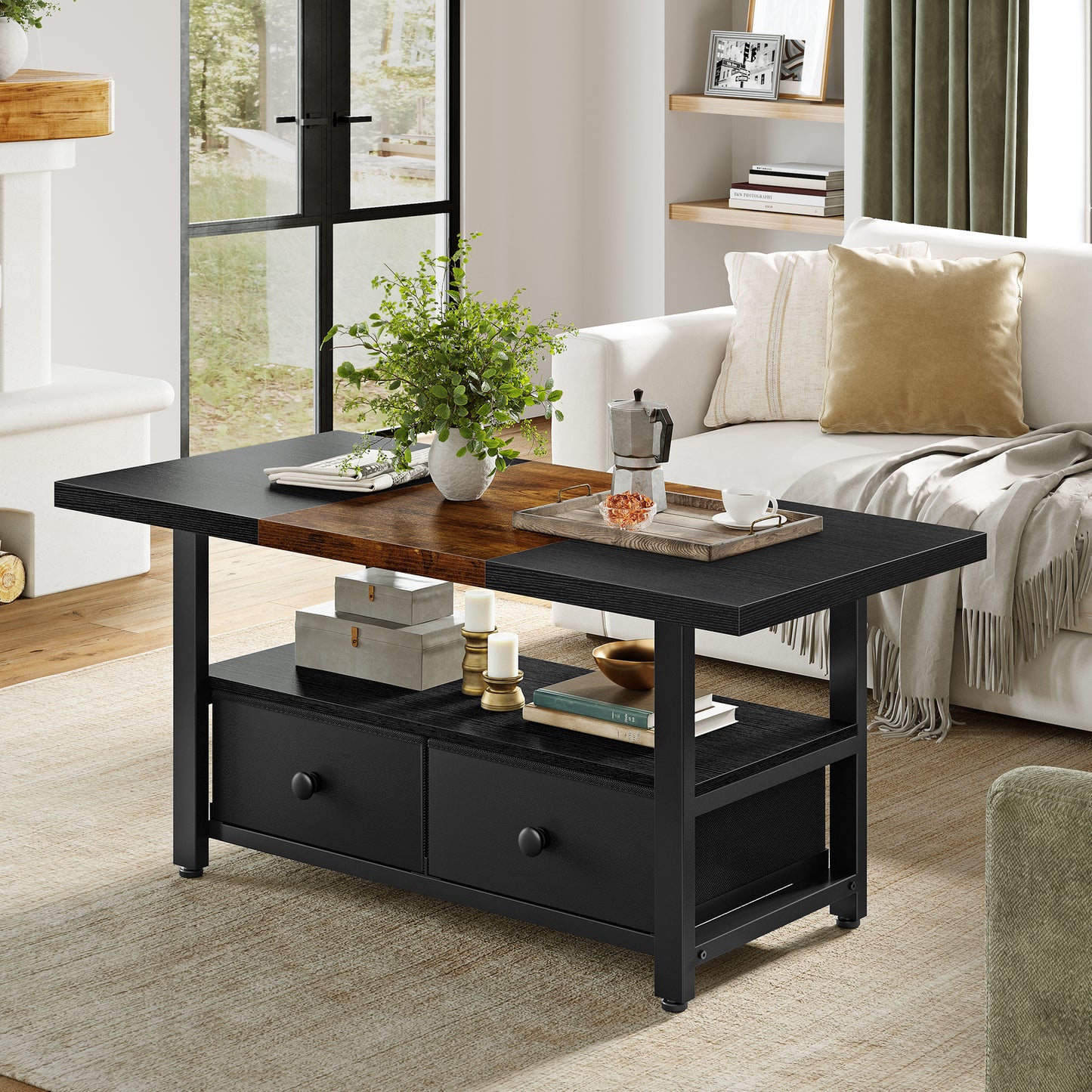 WOWLIVE Farmhouse Wood Coffee Table, Small Cocktail Table with 2 Drawers