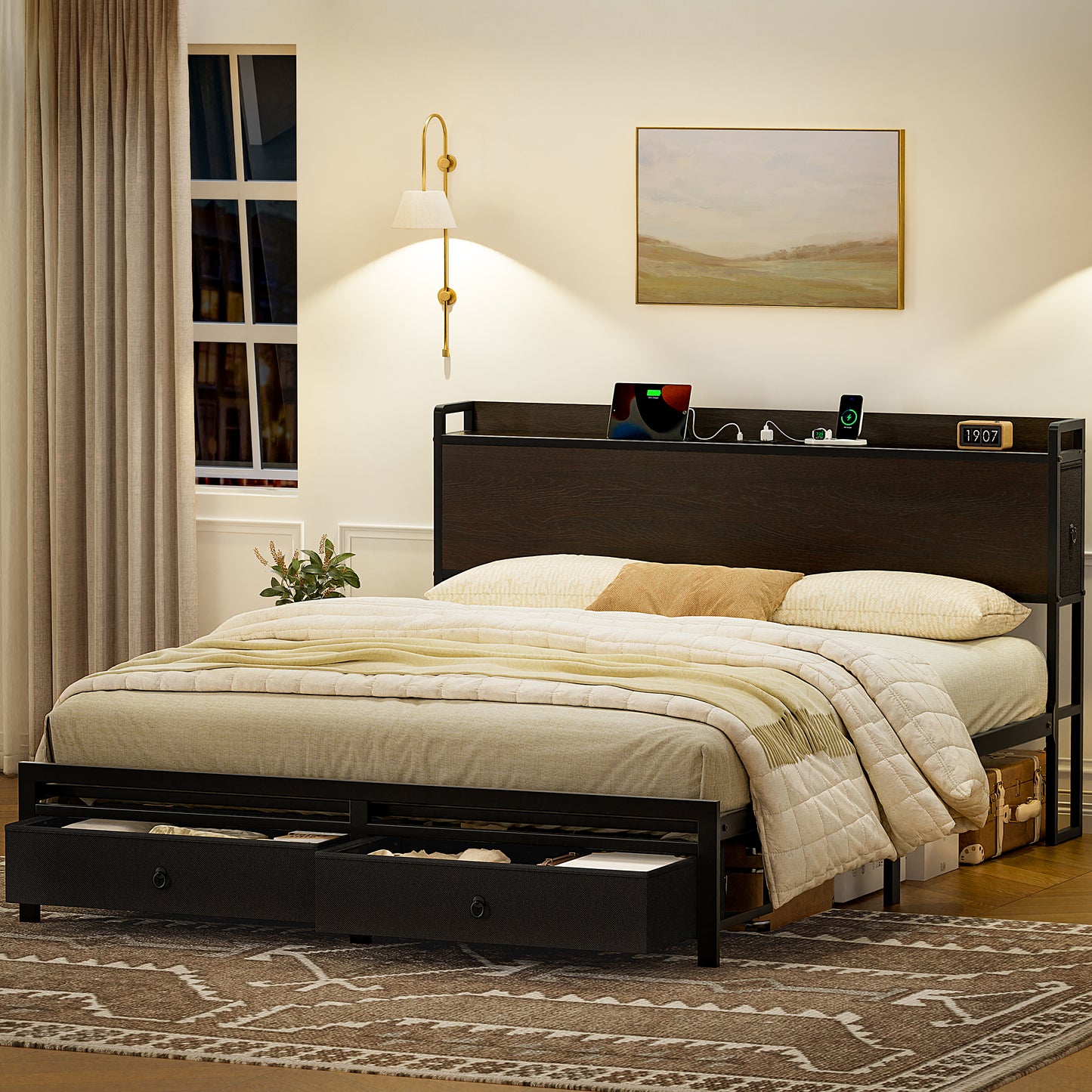 WOWLIVE Bed Frame with 2 Bedside Drawers & 2 Underbed Drawers, Storage Bed with Outlet & Open Shelf