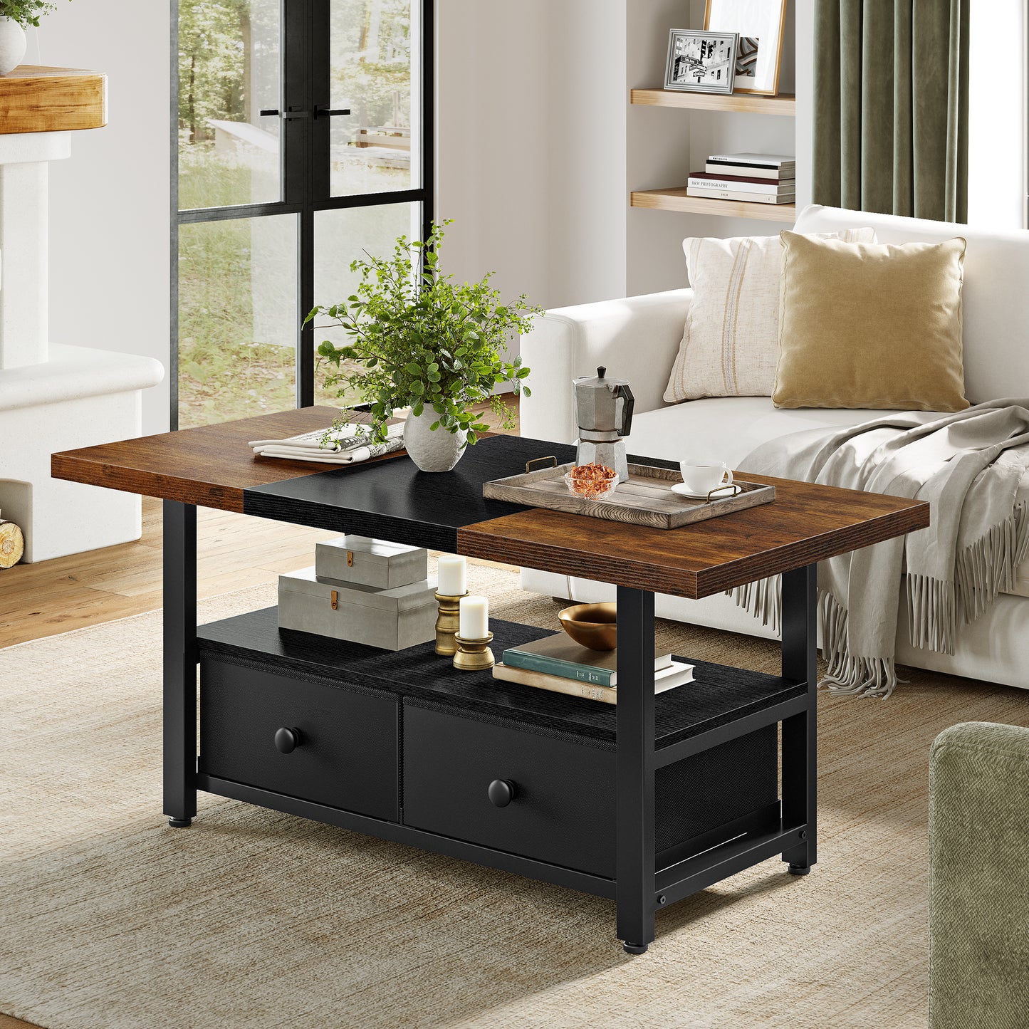 WOWLIVE Farmhouse Wood Coffee Table, Small Cocktail Table with 2 Drawers