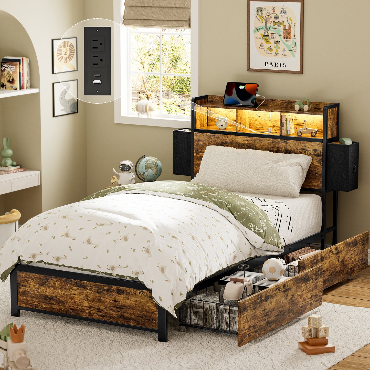 WOWLIVE Bed Frame with 2 Underbed Drawers & 2 Bedside Drawers, Modern Bed with Charging Station & LED Light