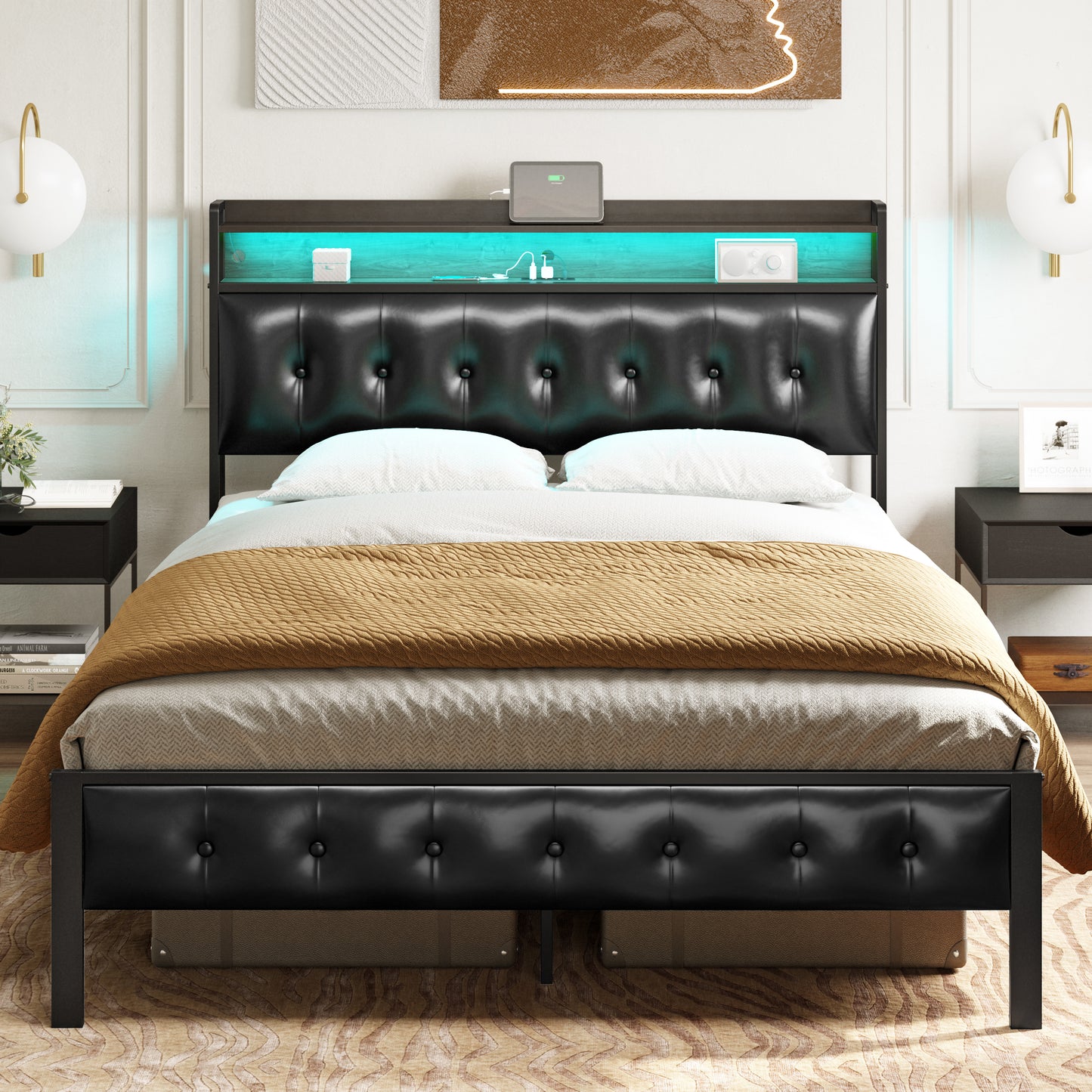 WOWLIVE Bed Frame with Storage Headboard, Metal Platform Bed Frame, Storage Bed with Charging Station and LED Light