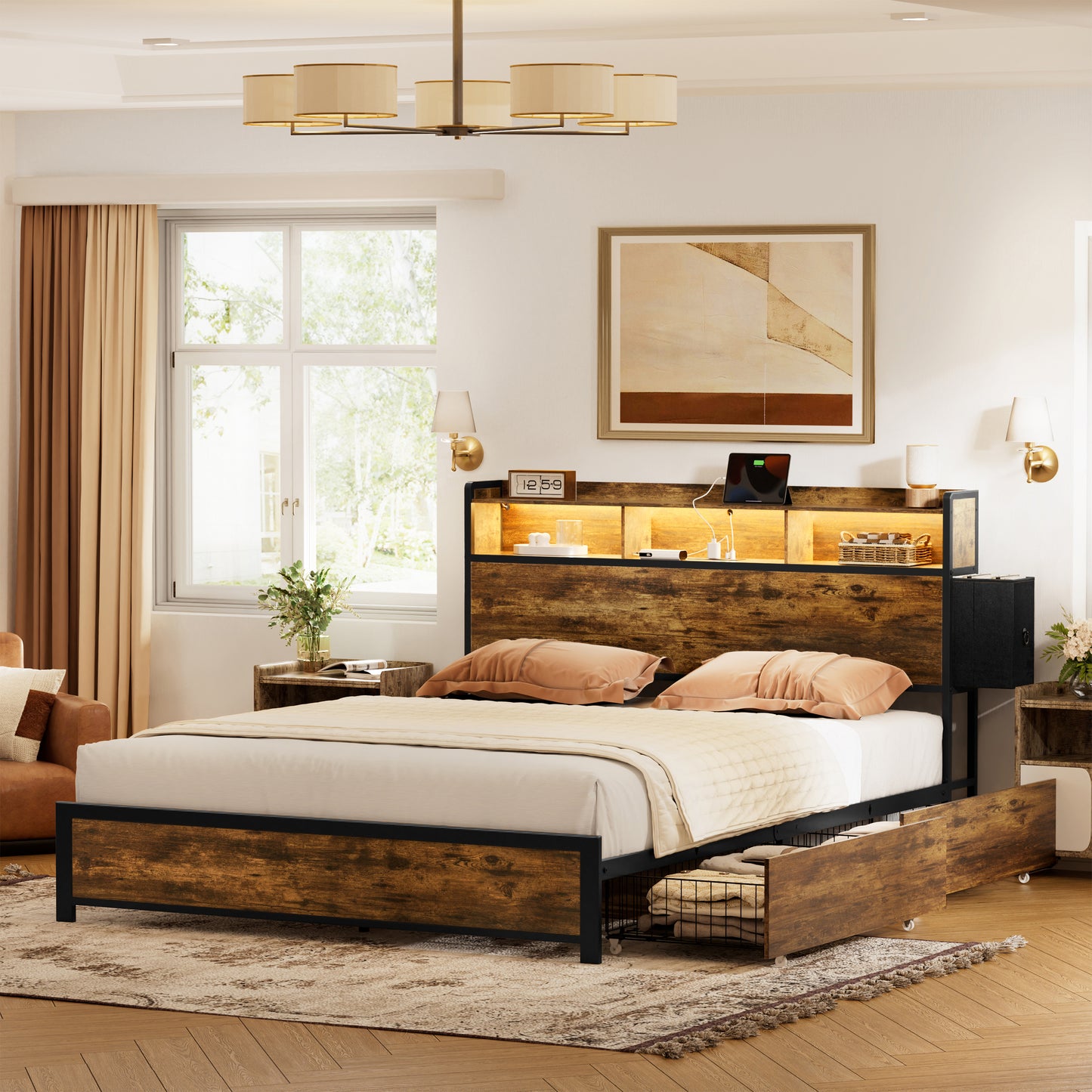 WOWLIVE Bed Frame with 2 Underbed Drawers & 2 Bedside Drawers, Modern Bed with Charging Station & LED Light