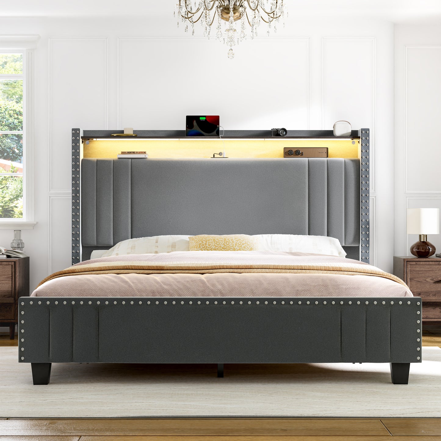 WOWLIVE Upholstered Wingback Bed with 52.12" High Storage Headboard, Modern Upholstered Bed Frame with Outlet & LED Light