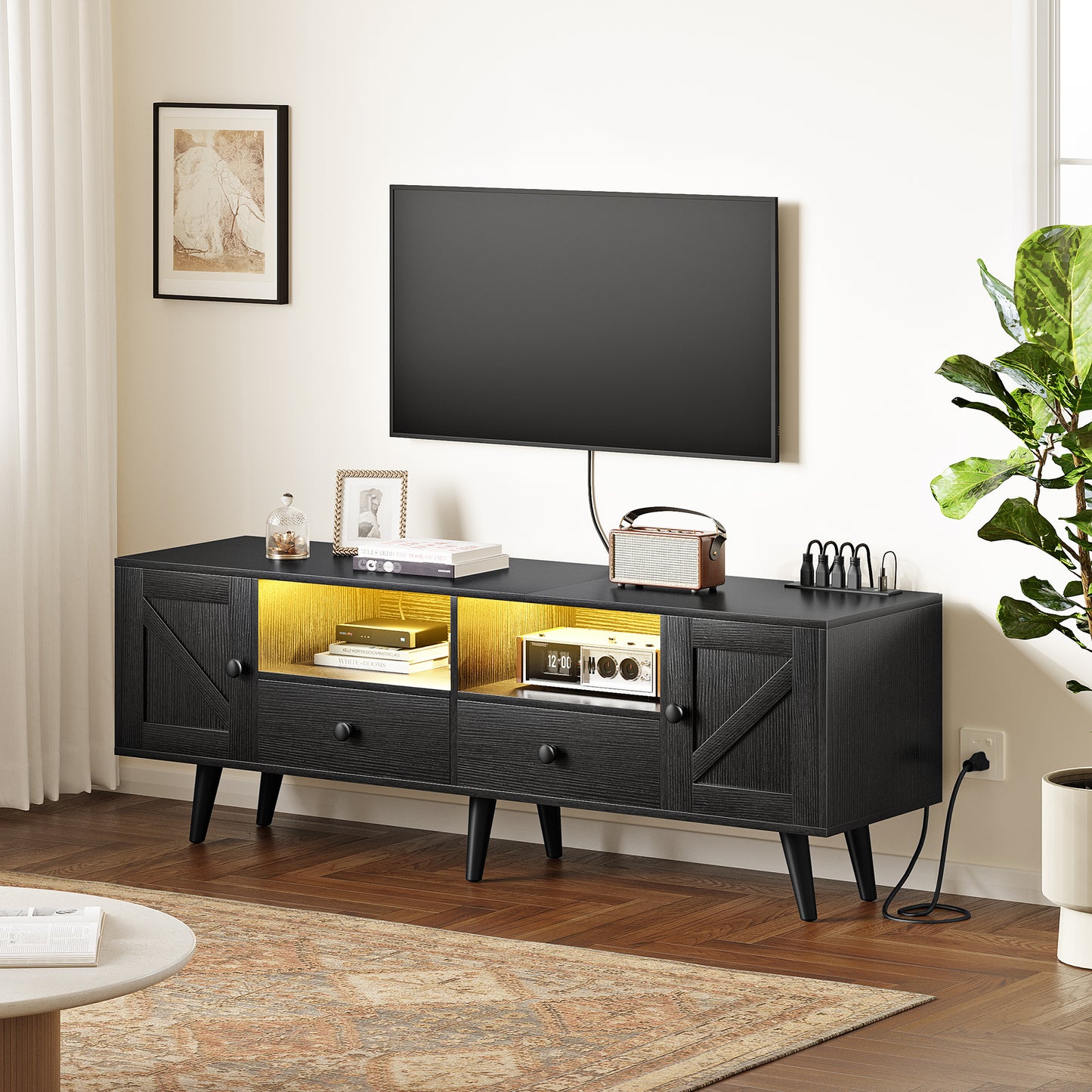 WOWLIVE 59"&70" LED Wood TV Stand with Power Outlets, Modern Entertainment Center for TVs
