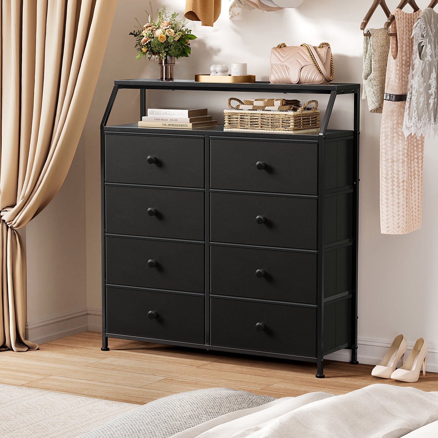 WOWLIVE 8 Drawer Dresser with 2-Tier Open Shelf, Double Chest of Drawer