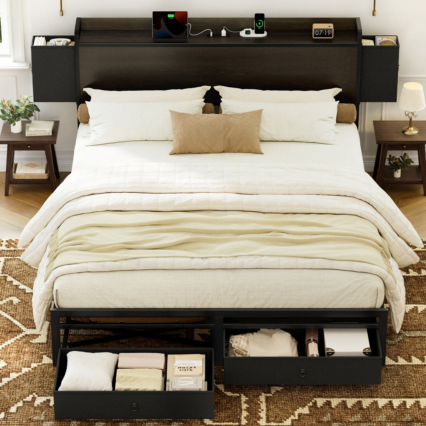 WOWLIVE Bed Frame with 2 Bedside Drawers & 2 Underbed Drawers, Storage Bed with Outlet & Open Shelf