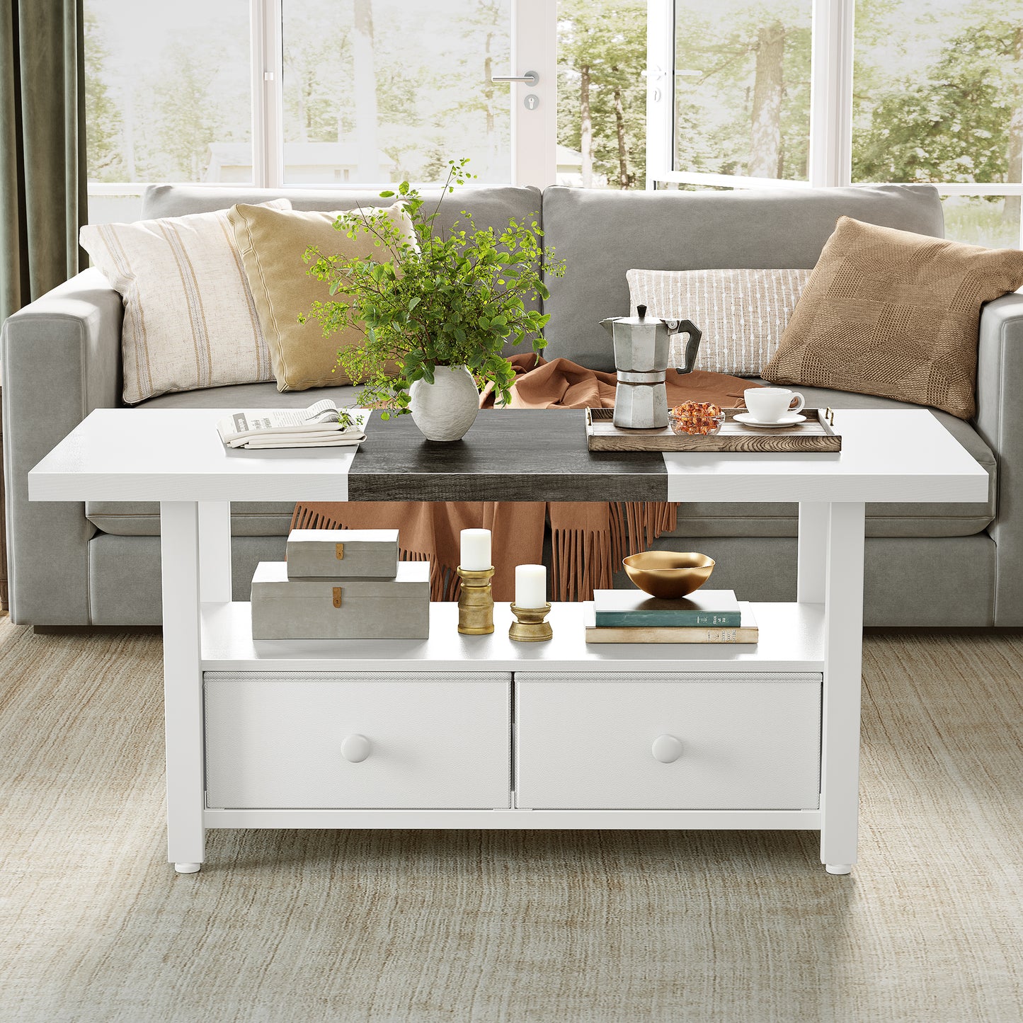 WOWLIVE Farmhouse Wood Coffee Table, Small Cocktail Table with 2 Drawers