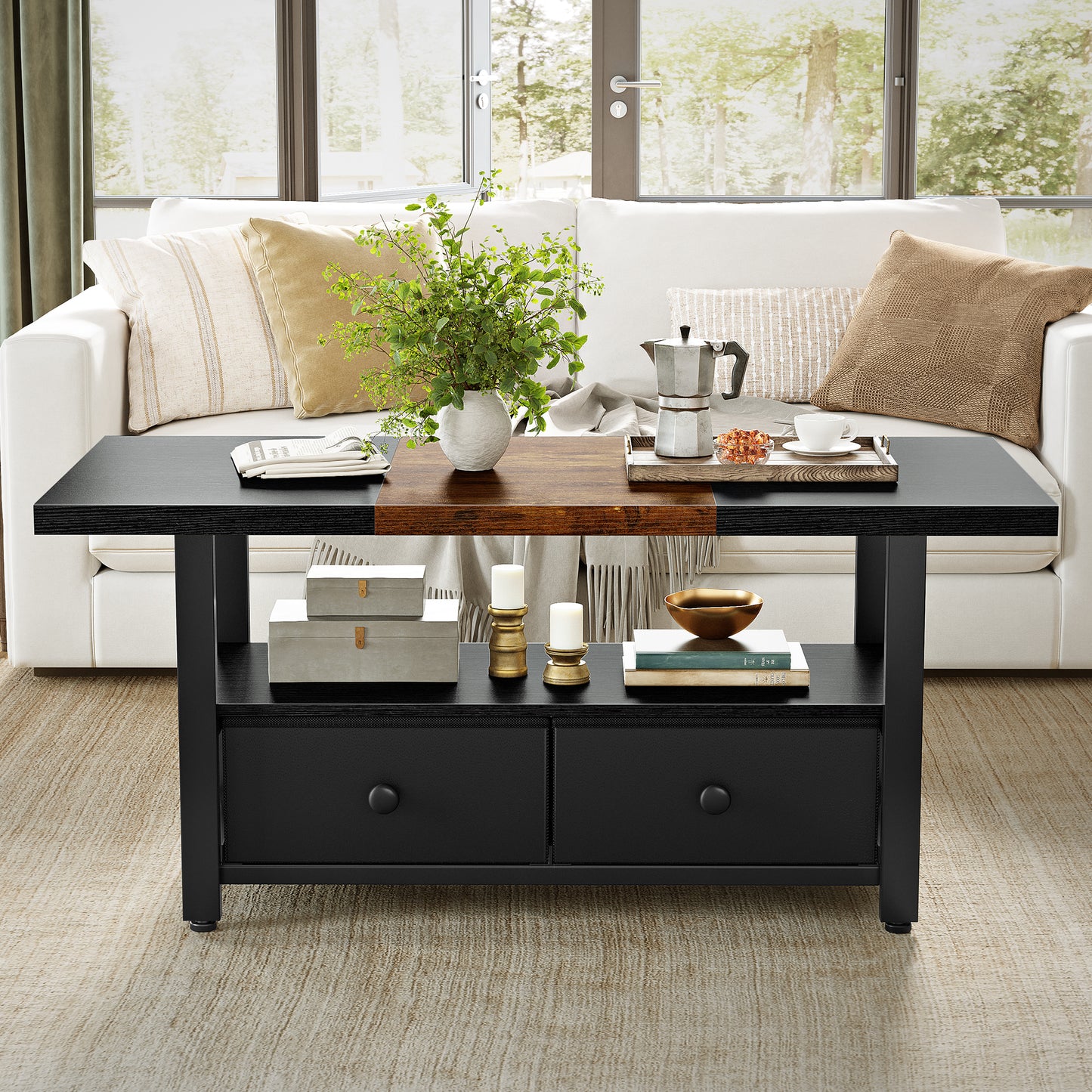 WOWLIVE Farmhouse Wood Coffee Table, Small Cocktail Table with 2 Drawers