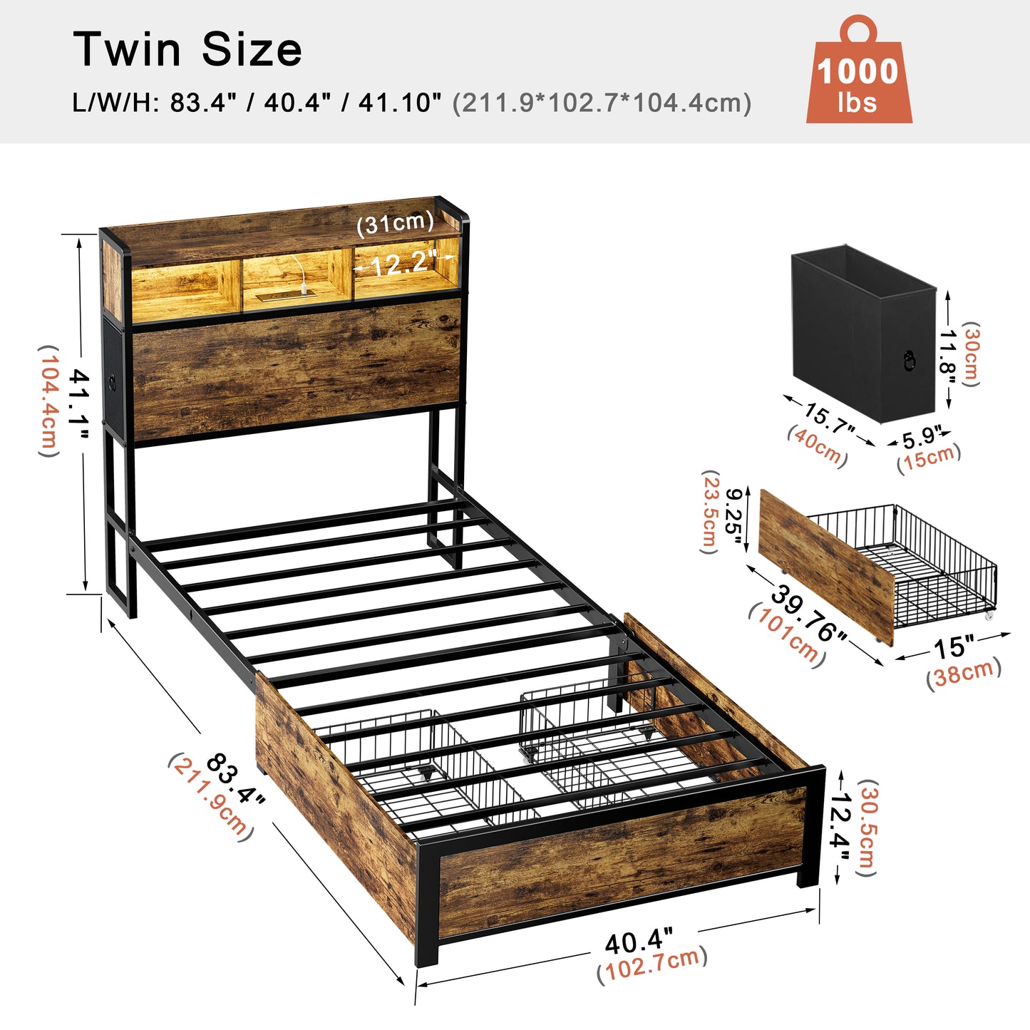 WOWLIVE Bed Frame with 2 Underbed Drawers & 2 Bedside Drawers, Modern Bed with Charging Station & LED Light