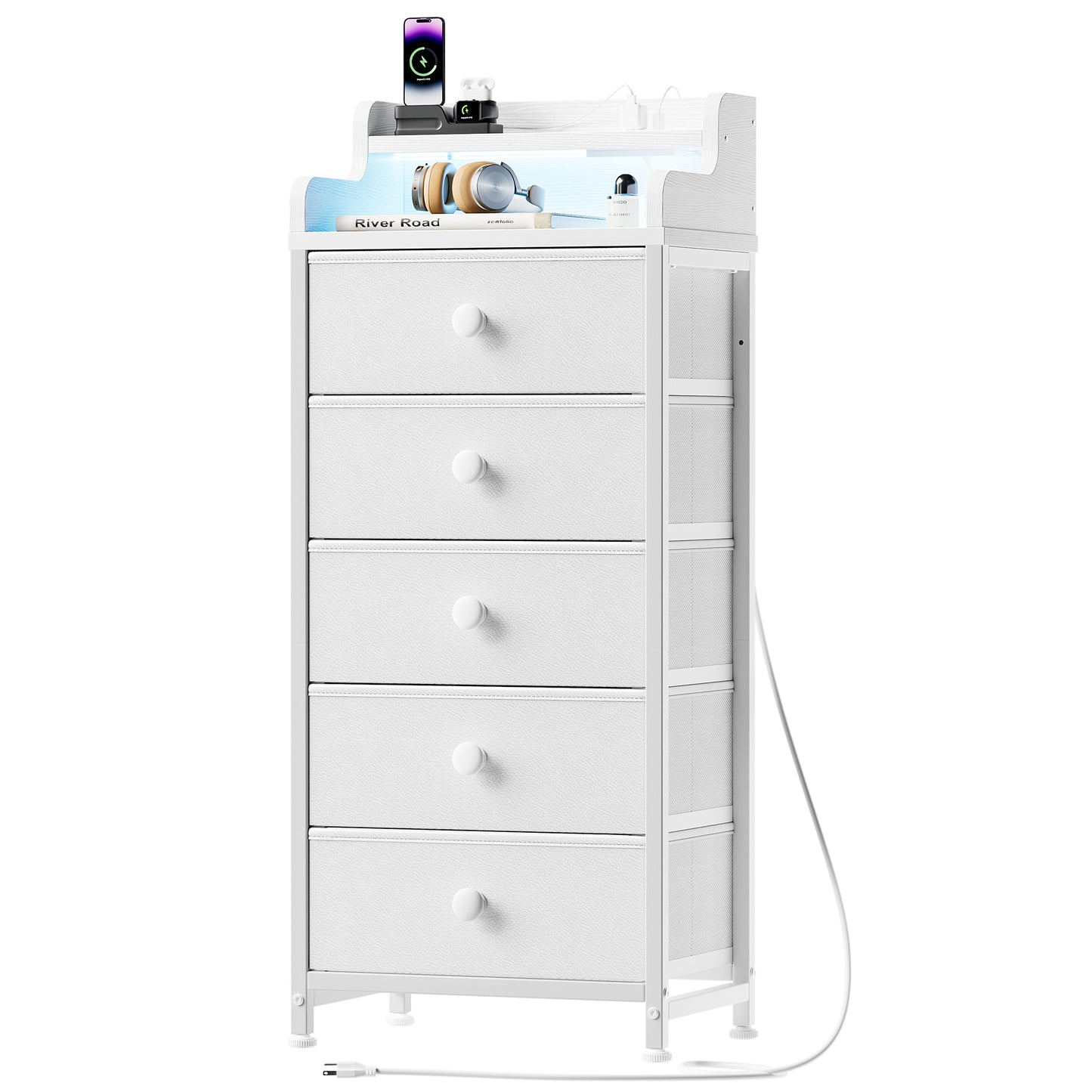 WOWLIVE 5 - Drawer Dresser With 2-Tier Open Shelf, Dresser With Power Outlet & LED, 40.2"H Dresser For Bedroom