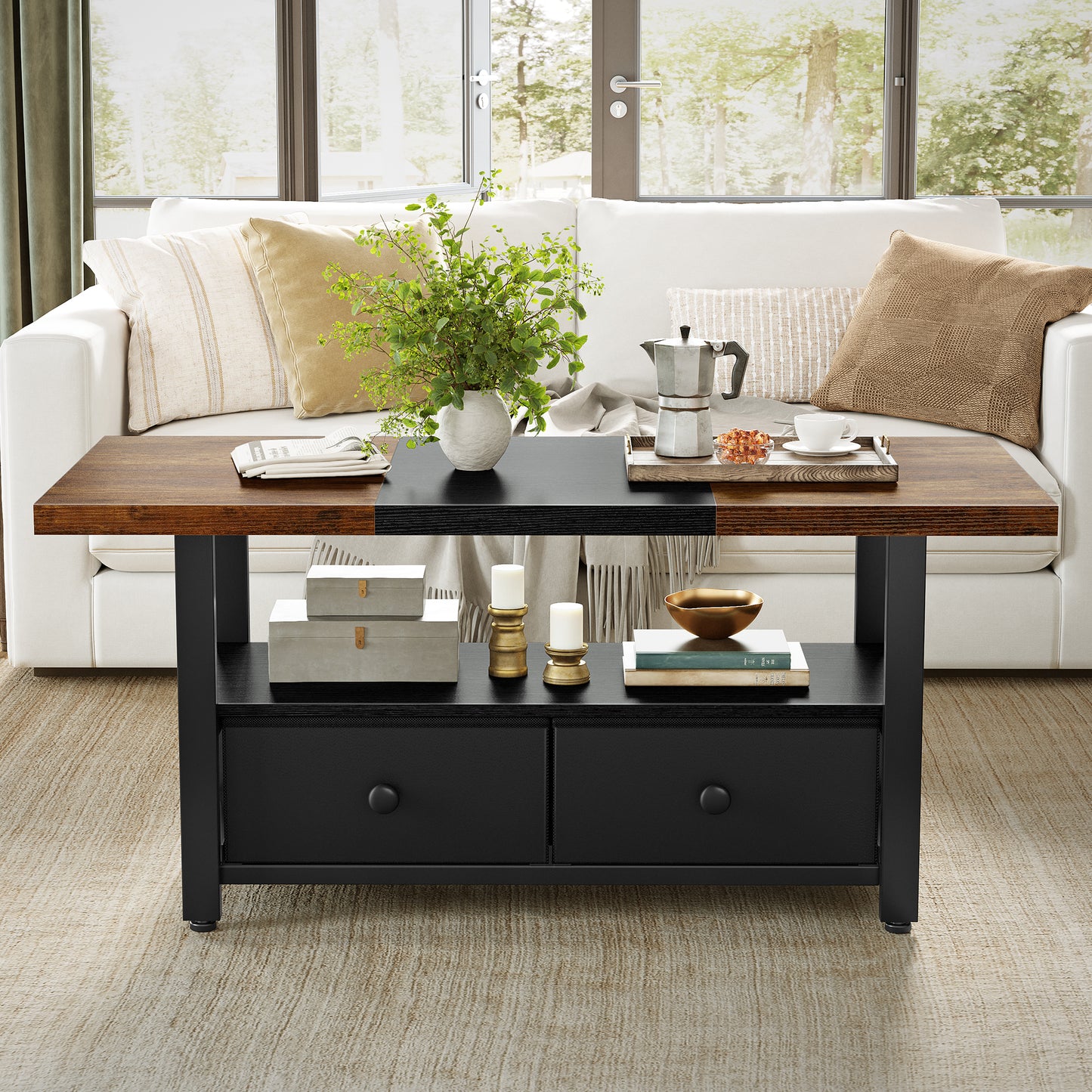 WOWLIVE Farmhouse Wood Coffee Table, Small Cocktail Table with 2 Drawers