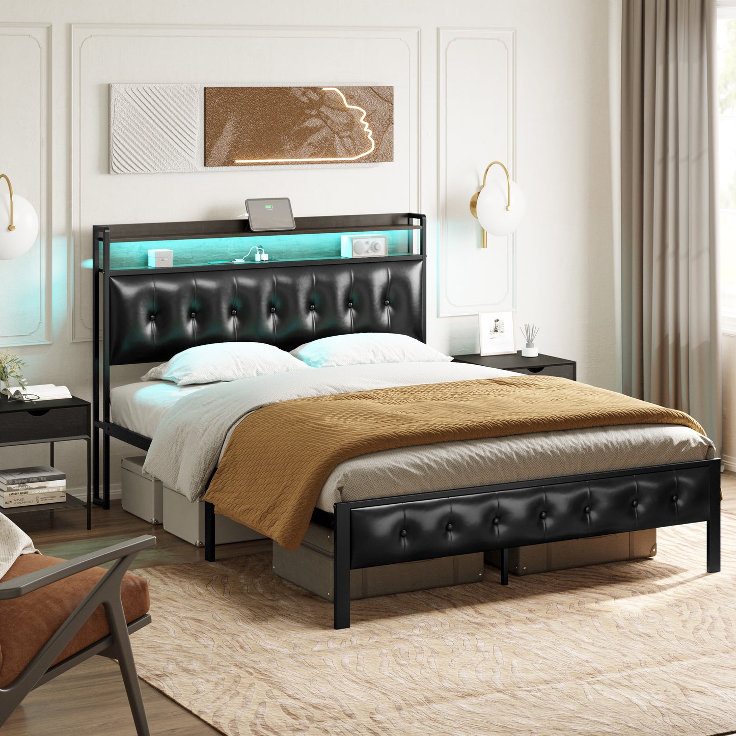 WOWLIVE Bed Frame with Storage Headboard, Metal Platform Bed Frame, Storage Bed with Charging Station and LED Light