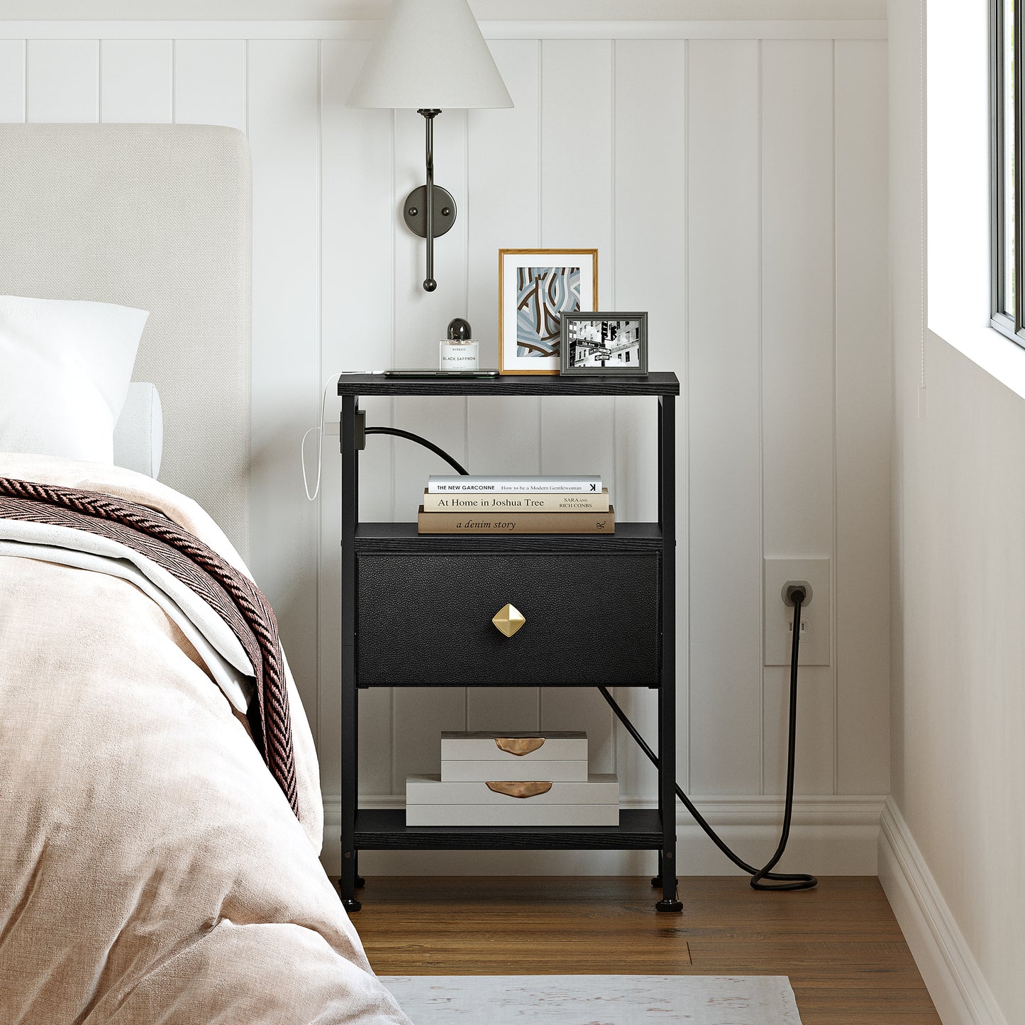 WOWLIVE 23.5in Nightstand with Drawer & Outlets, Modern Bedside Table