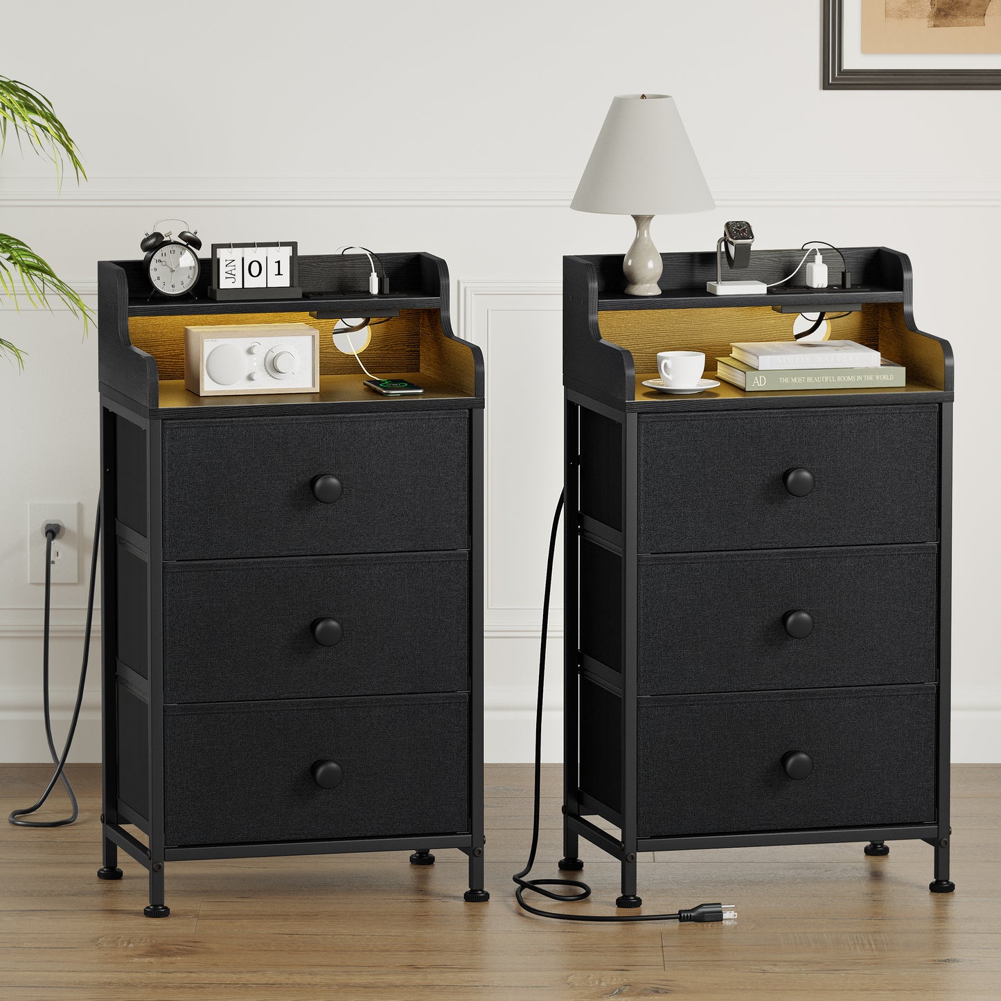 WOWLIVE Nightstand With 3 Drawers & 2-Tier Open Shelf, Bedside Table With LED& 2 USB Ports, Stable Metal Frame