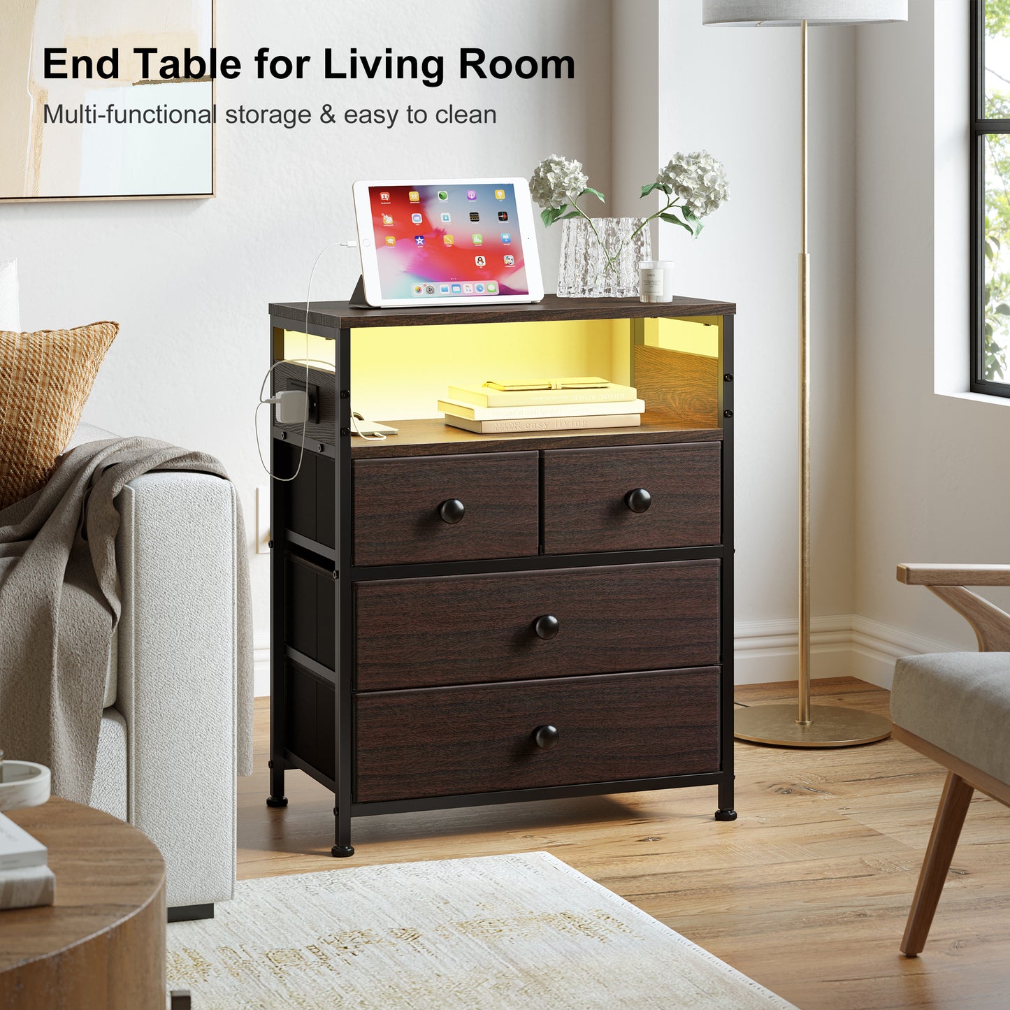 WOWLIVE Nightstand with 4 Drawers & Outlet, Bedside Table with LED Lights & 2-Tier wooden Shelf