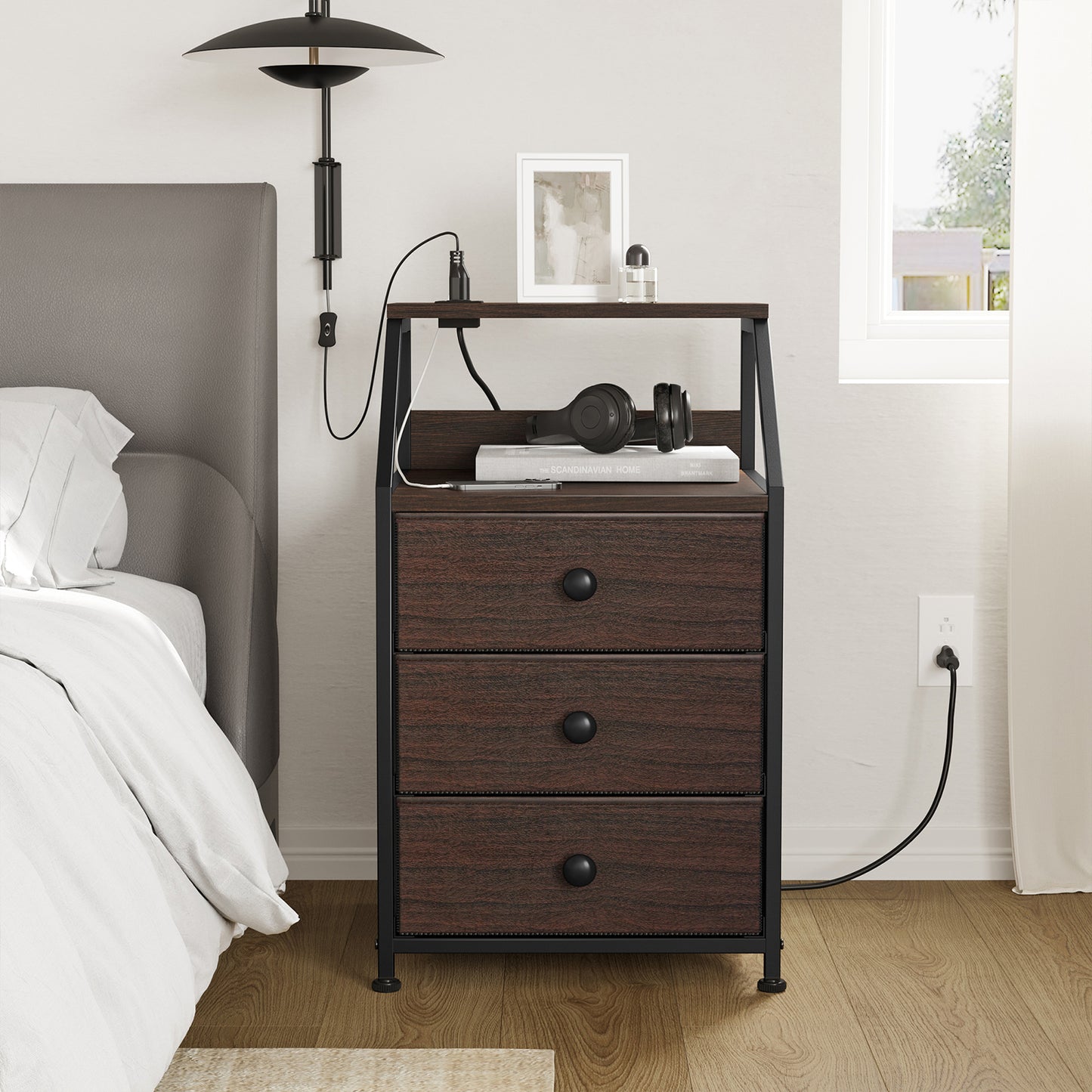 WOWLIVE Nightstands with 3 Drawers & Outlets, Bedside Tables with 2 USB Ports & 2-Tier Open Shelf