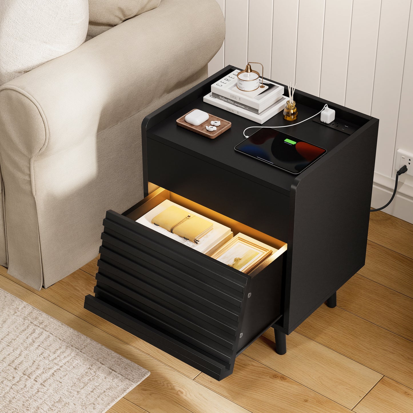 WOWLIVE Wooden Nightstand with 2 Drawers, Modern Bedside Table with Outlets & LED Lights, File Cabinet