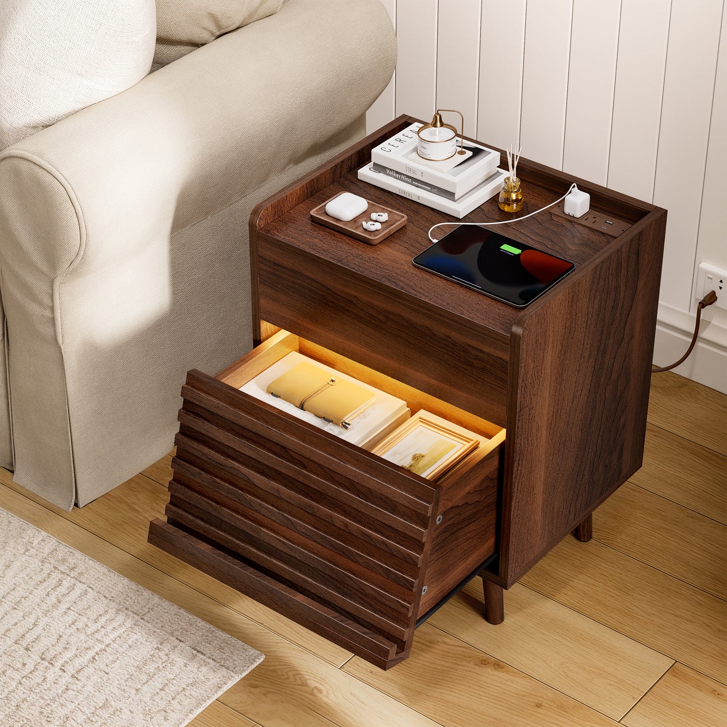 WOWLIVE Wooden Nightstand with 2 Drawers, Modern Bedside Table with Outlets & LED Lights, File Cabinet