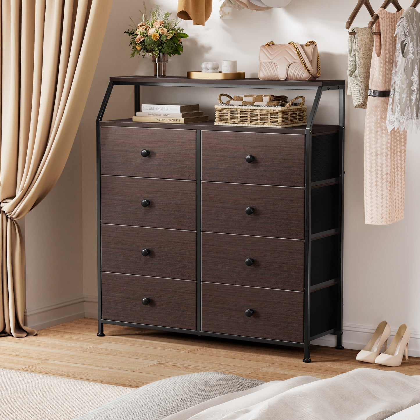 WOWLIVE 8 Drawer Dresser with 2-Tier Open Shelf, Double Chest of Drawer