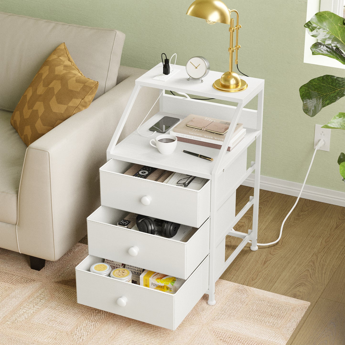 WOWLIVE Nightstands with 3 Drawers & Outlets, Bedside Tables with 2 USB Ports & 2-Tier Open Shelf