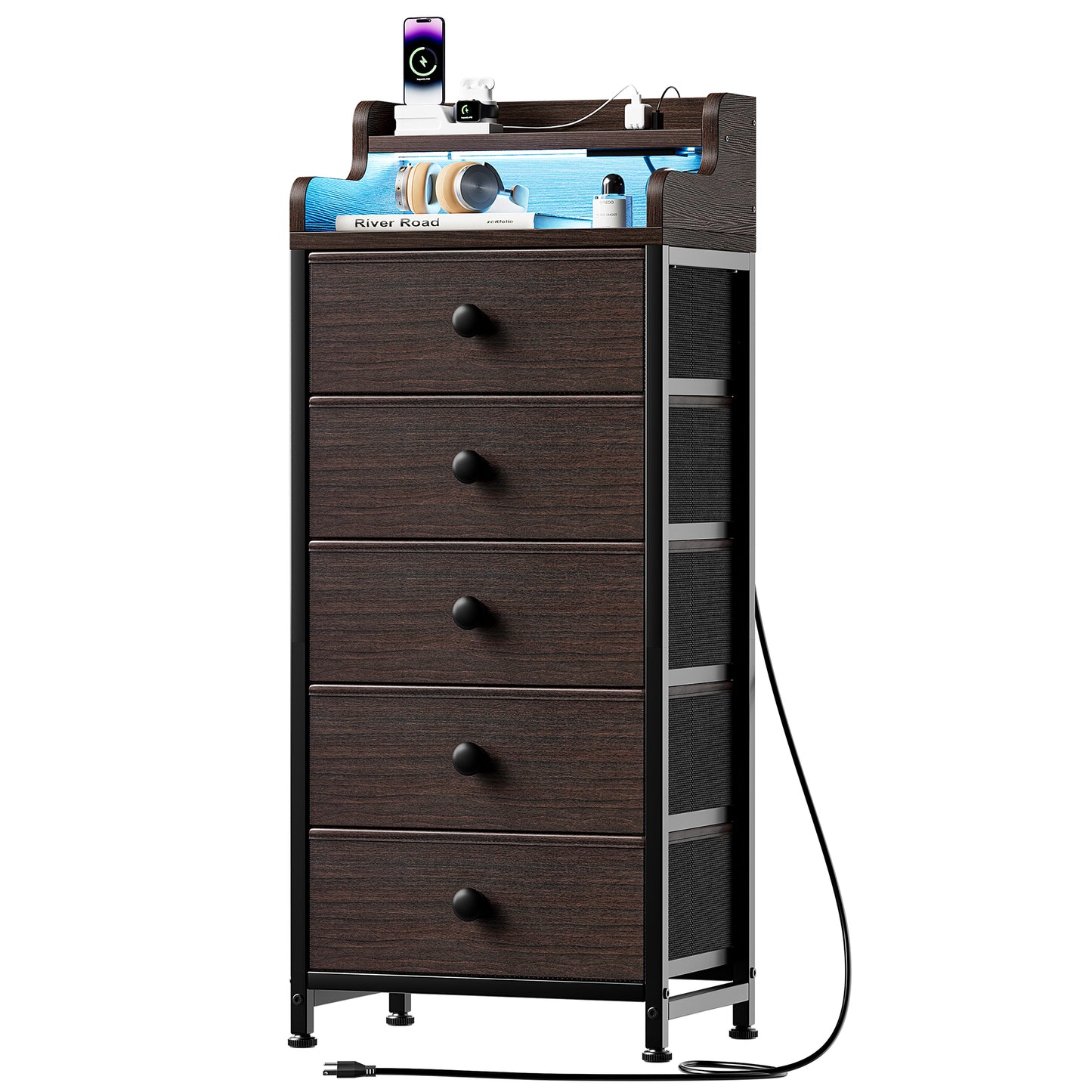 WOWLIVE 5 - Drawer Dresser With 2-Tier Open Shelf, Dresser With Power Outlet & LED, 40.2"H Dresser For Bedroom