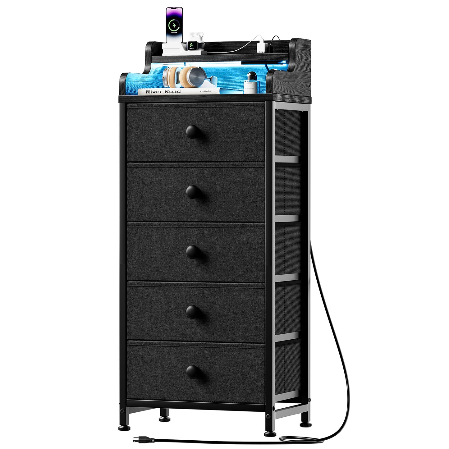 WOWLIVE 5 - Drawer Dresser With 2-Tier Open Shelf, Dresser With Power Outlet & LED, 40.2"H Dresser For Bedroom