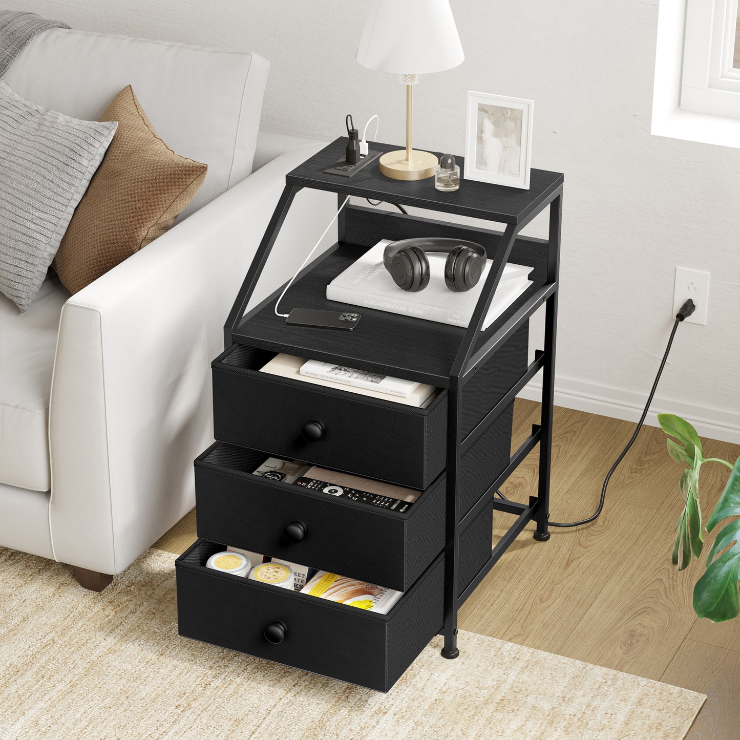 WOWLIVE Nightstands with 3 Drawers & Outlets, Bedside Tables with 2 USB Ports & 2-Tier Open Shelf