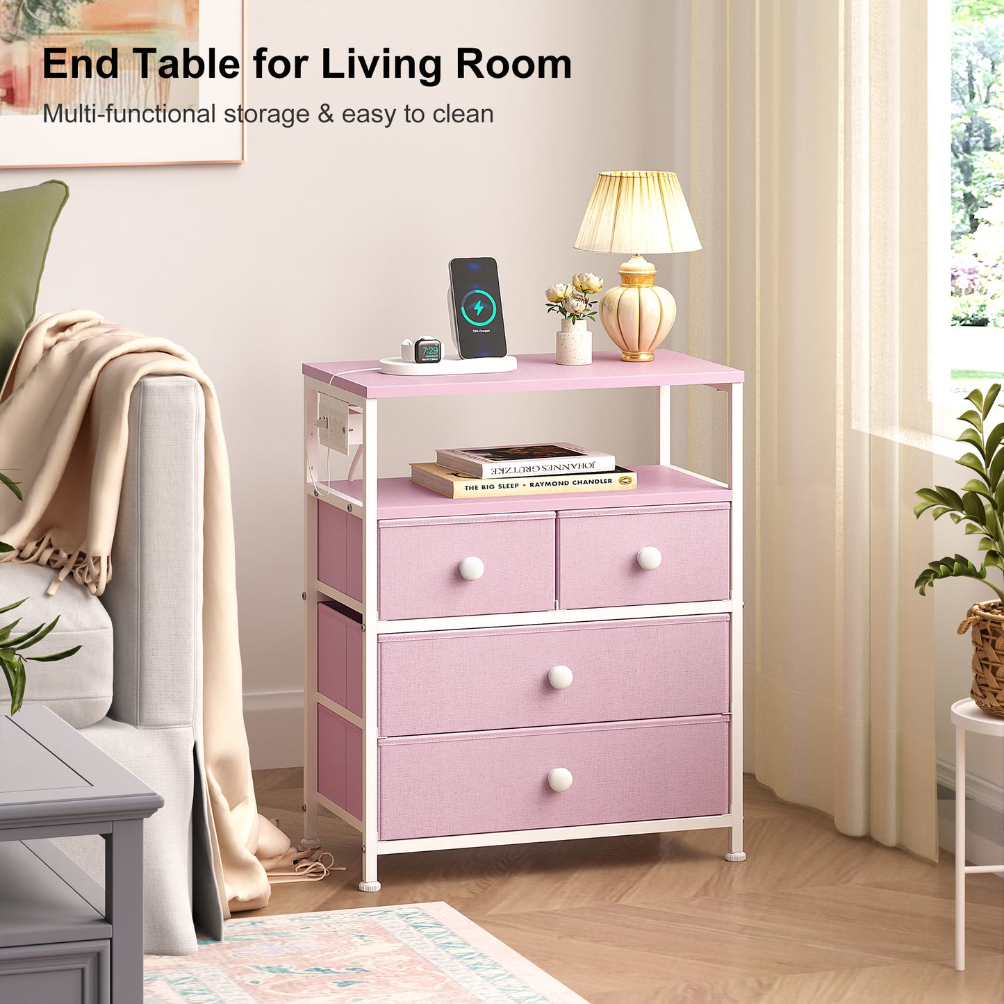 WOWLIVE Nightstand with 4 Drawers & Outlet, Bedside Table with LED Lights & 2-Tier wooden Shelf