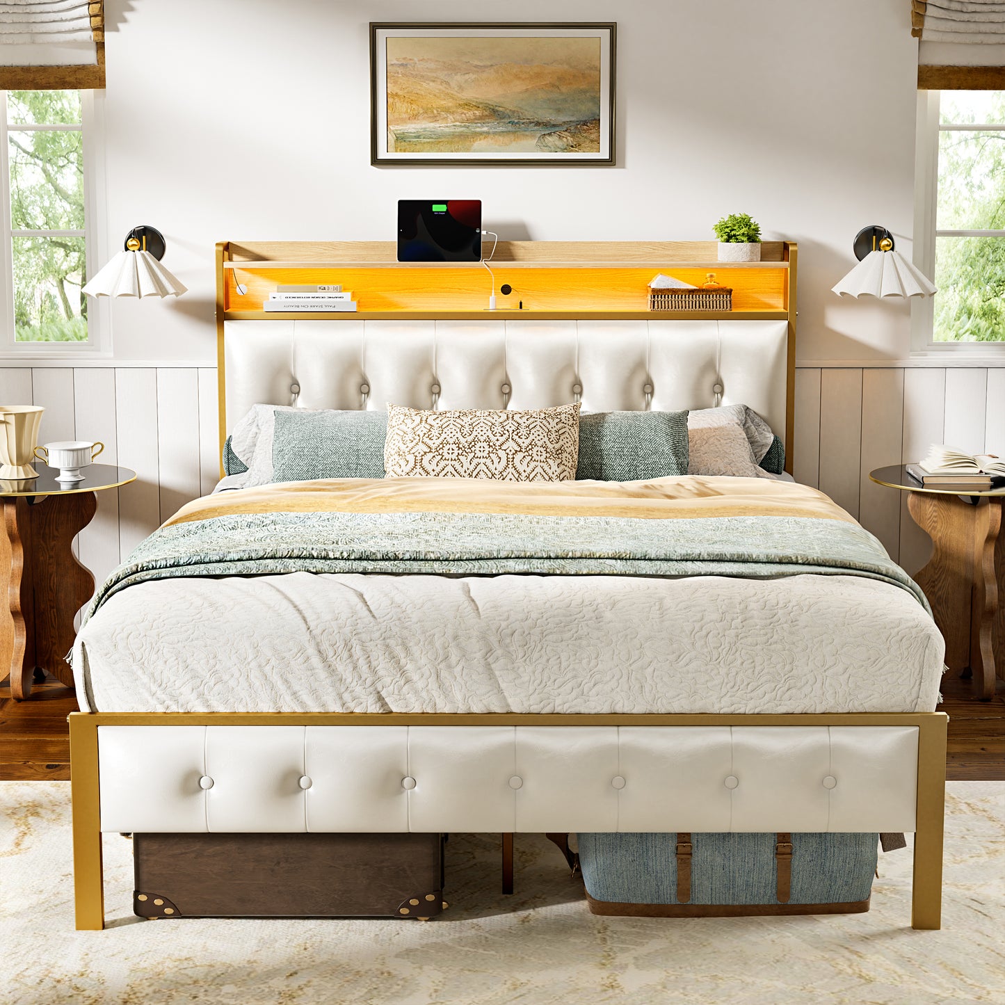 WOWLIVE Bed Frame with Storage Headboard, Metal Platform Bed Frame, Storage Bed with Charging Station and LED Light