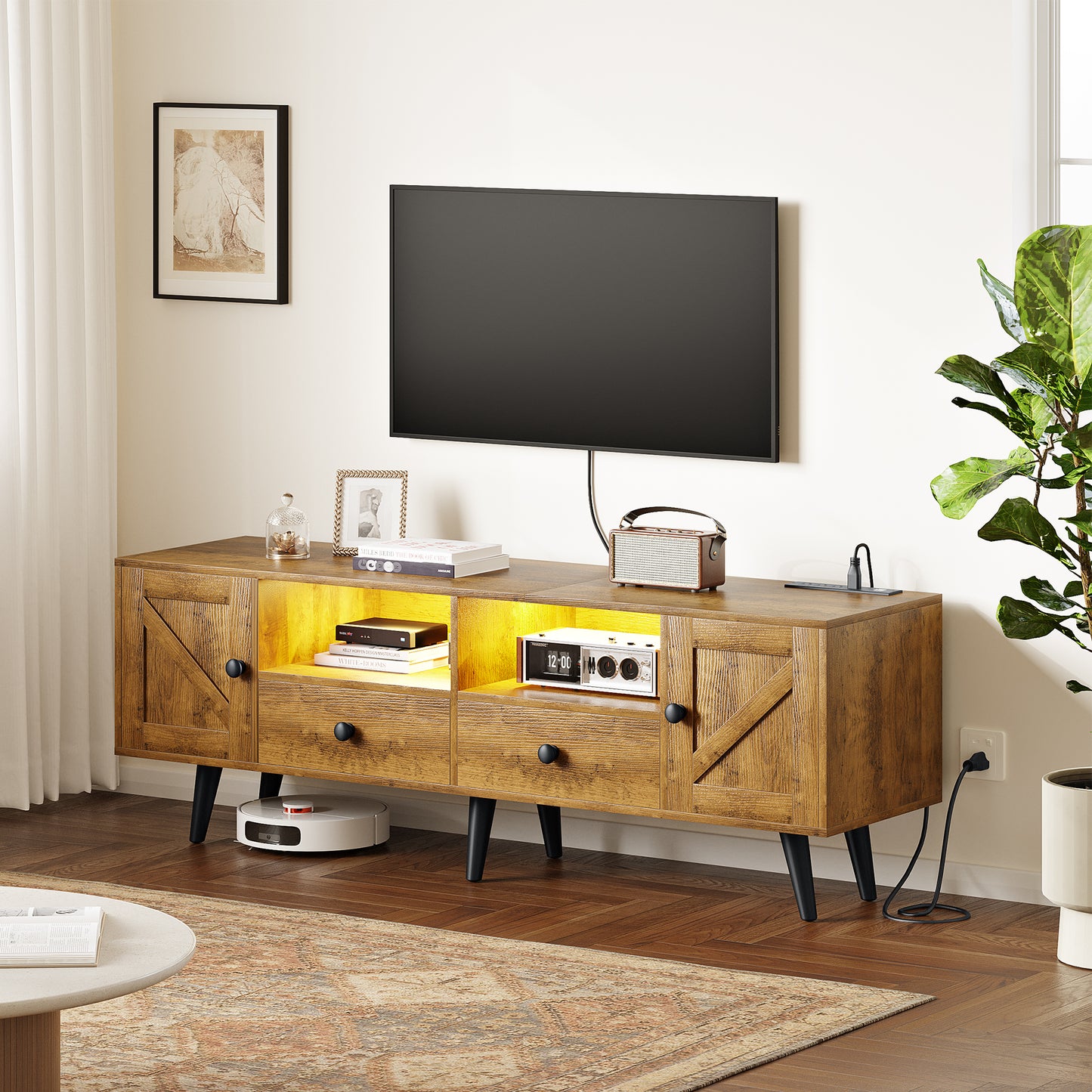 WOWLIVE 59"&70" LED Wood TV Stand with Power Outlets, Modern Entertainment Center for TVs