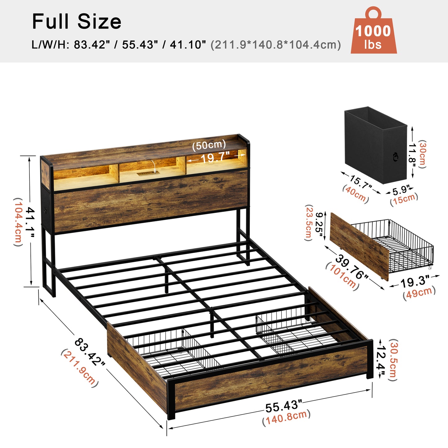 WOWLIVE Bed Frame with 2 Underbed Drawers & 2 Bedside Drawers, Modern Bed with Charging Station & LED Light