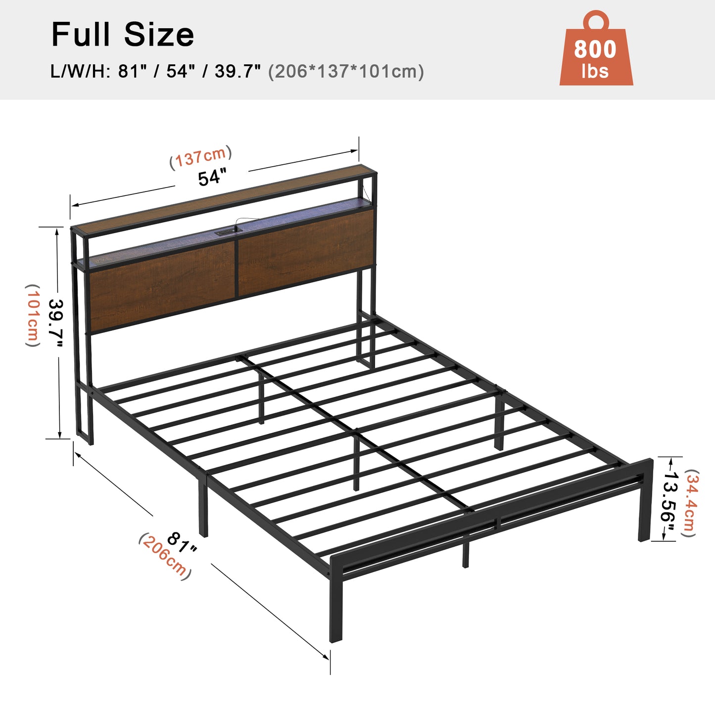 WOWLIVE Bed Frame with LED Light and Charging Station, Metal Frame with Storage Headboard, Large Storage Space, No Spring Box Needed