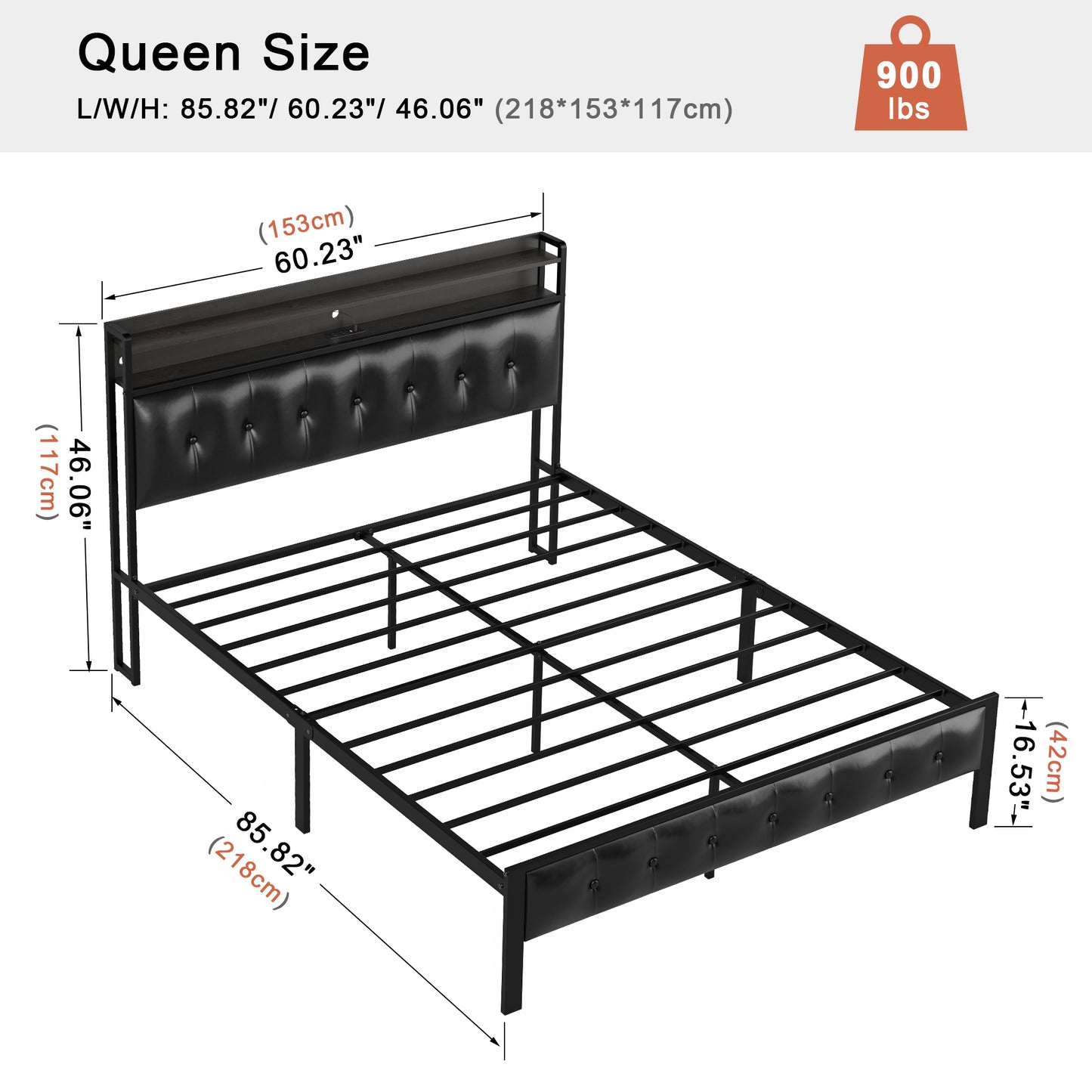 WOWLIVE Bed Frame with Storage Headboard, Metal Platform Bed Frame, Storage Bed with Charging Station and LED Light