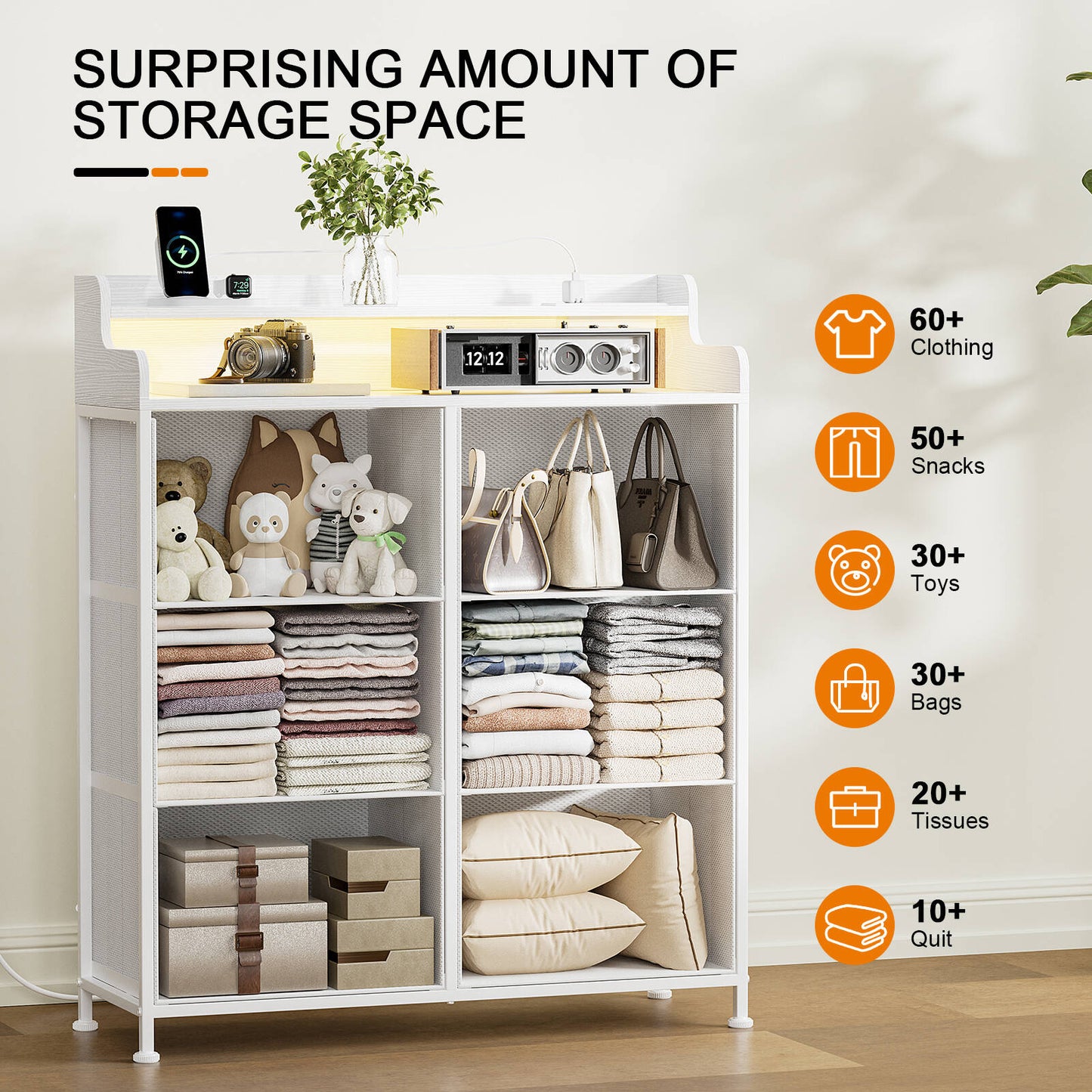 WOWLIVE Dresser for Bedroom with Charging Station and LED Lights, 6 Drawers Dresser TV Stand with Wooden Top, Tall Fabric Chest of Drawer with Sturdy Frame for Closet